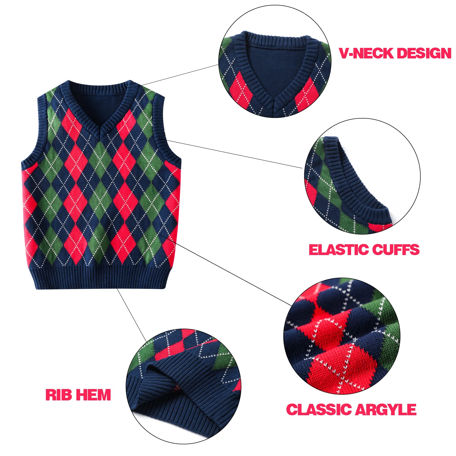 Boys Sweater Vest V Neck Argyle Sleeveless Uniform Knit Plaid Kids Clothes