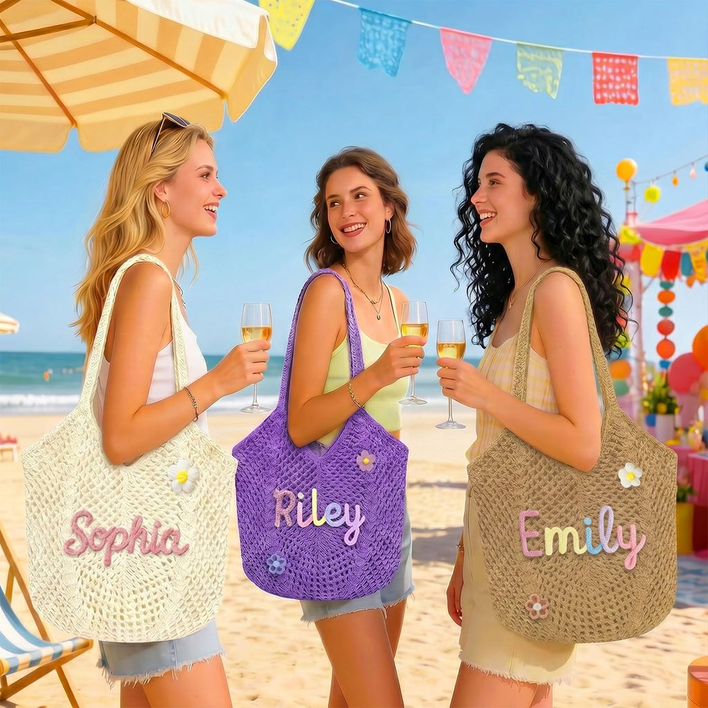 Terwex Personalized Crochet Beach Bag for Women, Boho Summer Bag with Name & Pattern, Foldable Lightweight Travel Bag Gifts
