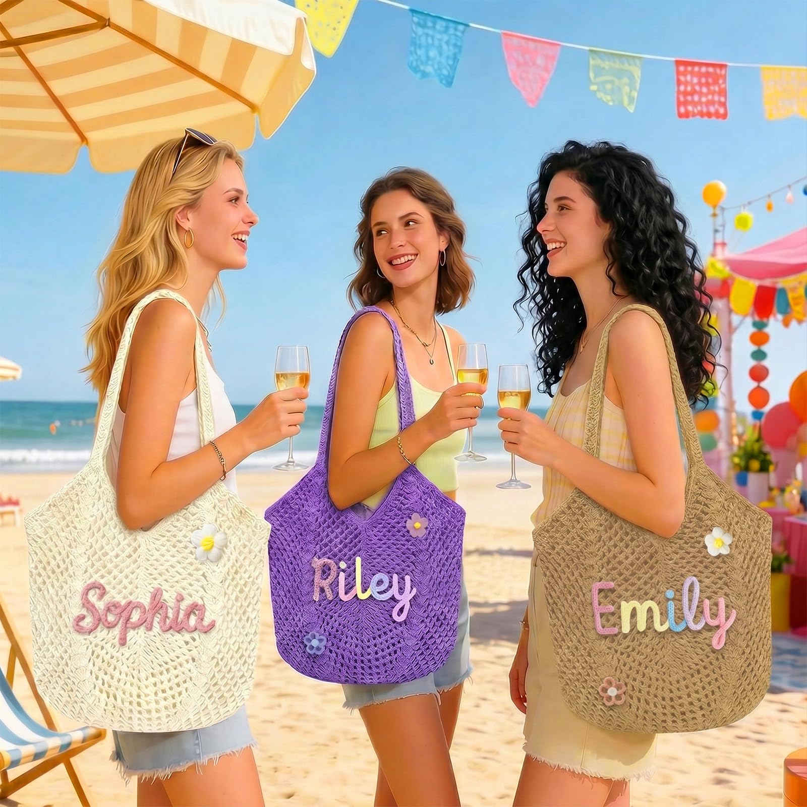 Terwex Personalized Crochet Beach Bag for Women, Boho Summer Bag with Name & Pattern, Foldable Lightweight Travel Bag Gifts