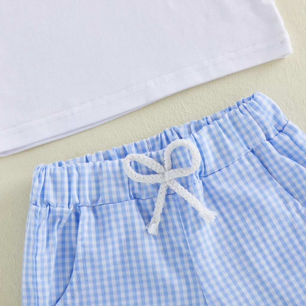 Bagilaanoe Toddler Baby Boy Short Sleeve T-Shirt+ Plaid Shorts Set Castle Embroidery Outfit Beach Clothes 2PCS Set