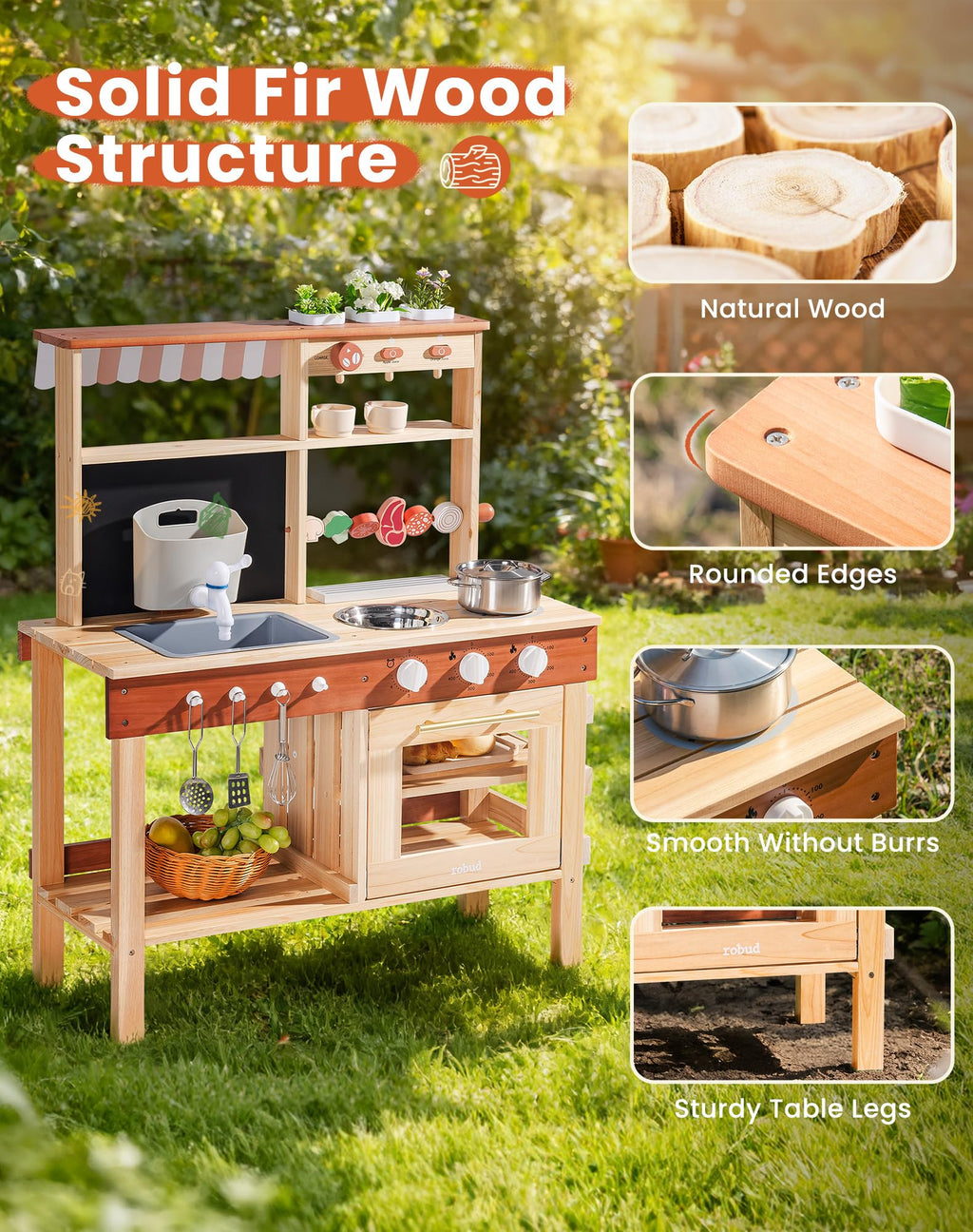 ROBUD Mud Kitchen for Kids Outdoor, BBQ Grill Solid Wood Outdoor Play Kitchen, Green Kids Mud Kitchen with Working Water Tap, Blackboard, Garden Sink, Monteeori Toys for Children Ages 3+, WH003-2