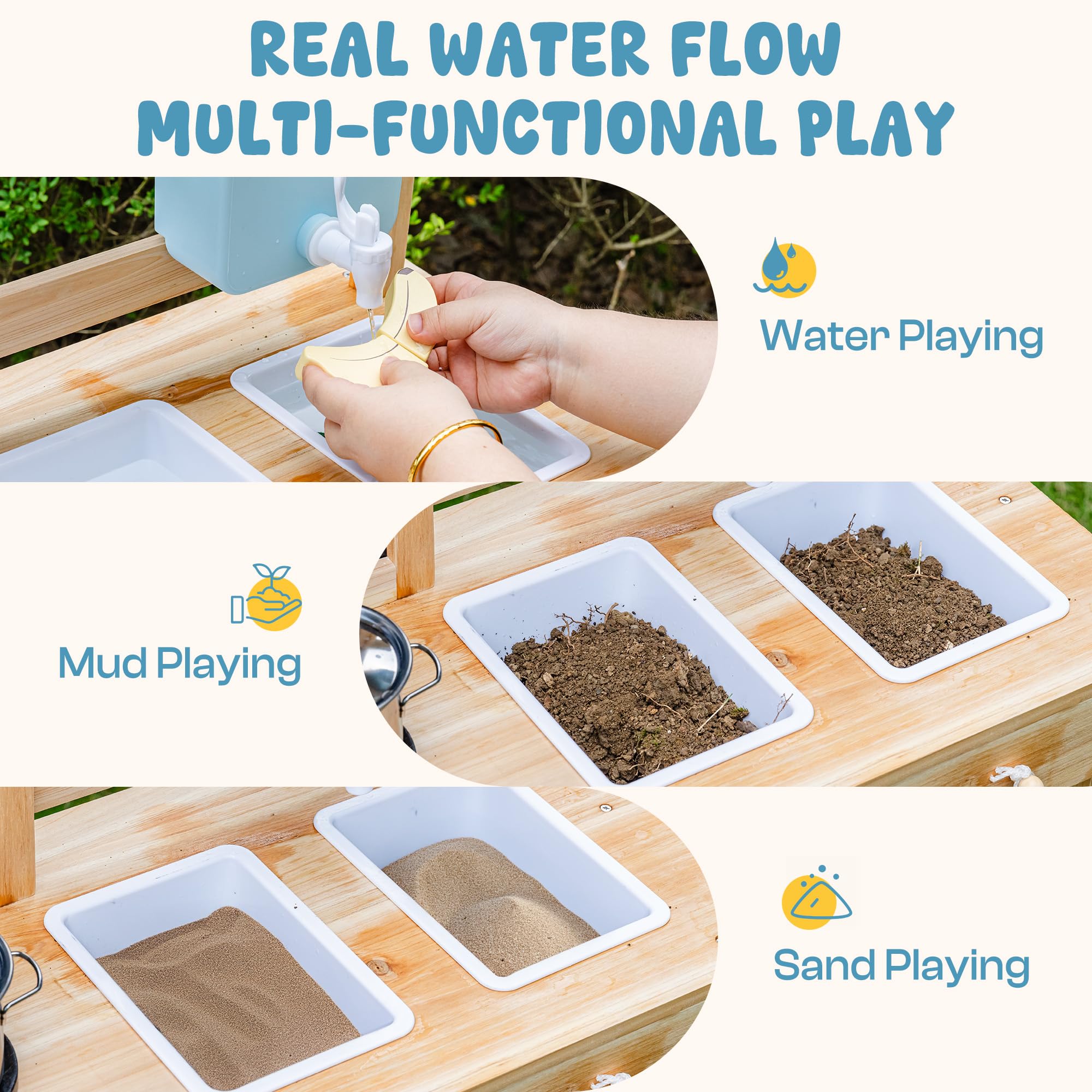 ROBUD Mud Kitchen for Kids Outdoor, BBQ Grill Solid Wood Outdoor Play Kitchen, Green Kids Mud Kitchen with Working Water Tap, Blackboard, Garden Sink, Monteeori Toys for Children Ages 3+, WH003-2