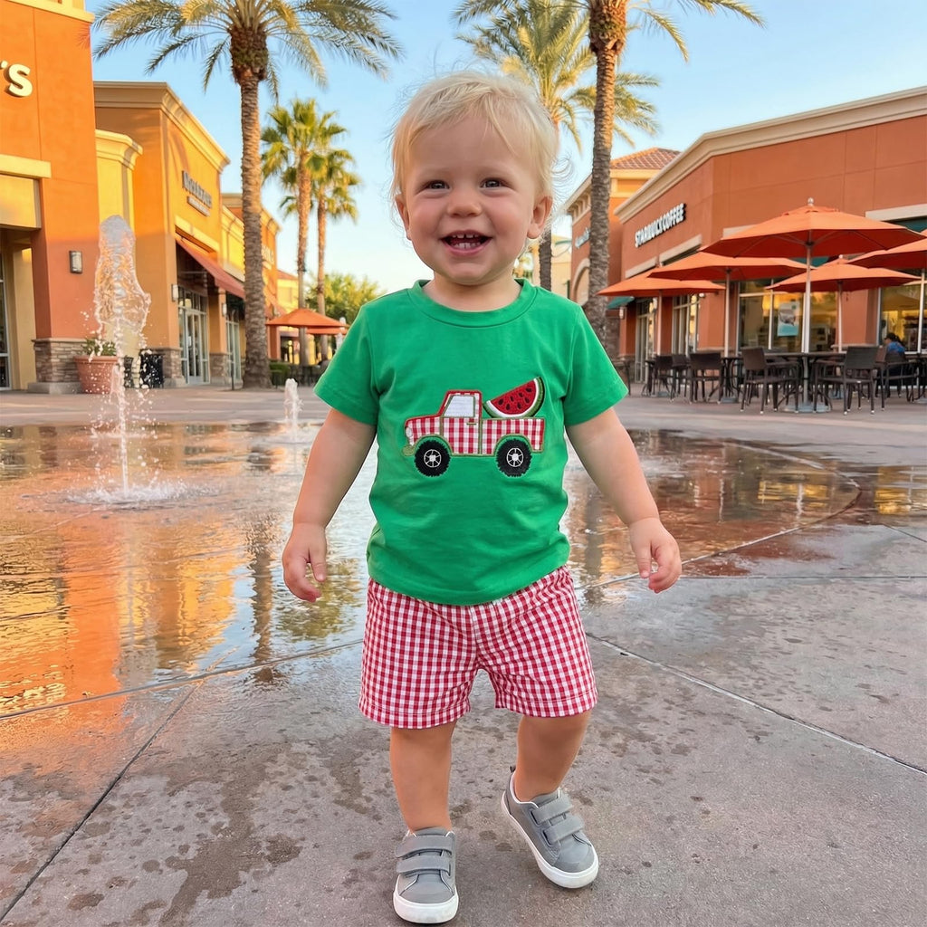 Bagilaanoe Toddler Baby Boy Short Sleeve T-Shirt+ Plaid Shorts Set Castle Embroidery Outfit Beach Clothes 2PCS Set