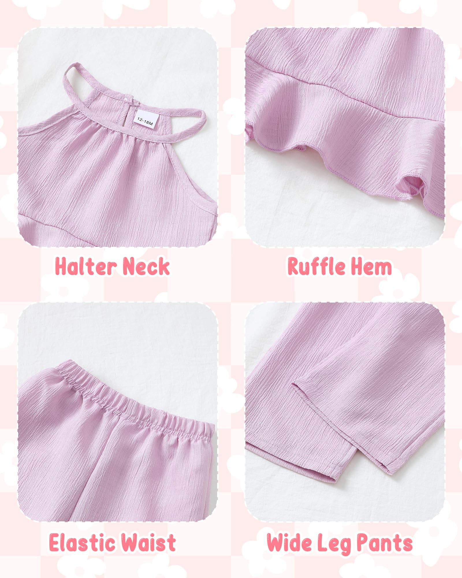 Kucnuzki Baby Girl Clothes Toddler Girl Summer Outfits Sleeveless Ruffle Halter Tops Wide Leg Pants Kids Clothing Set