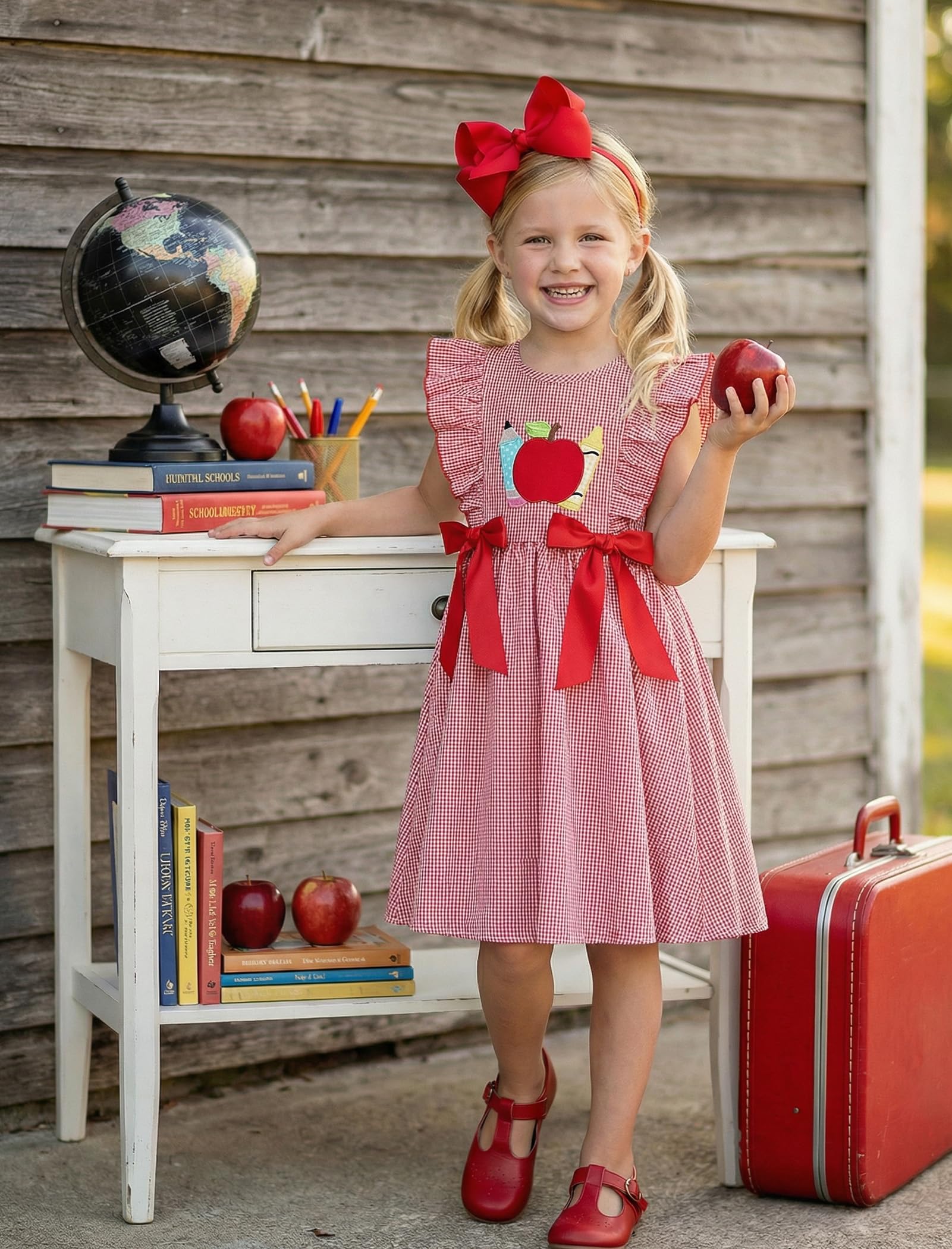 IMEKIS Toddler Kids Girls Back to School Dress, Ruffle Sleeve Embroidered Apple Pencil Kindergarten Outfit 3-8T