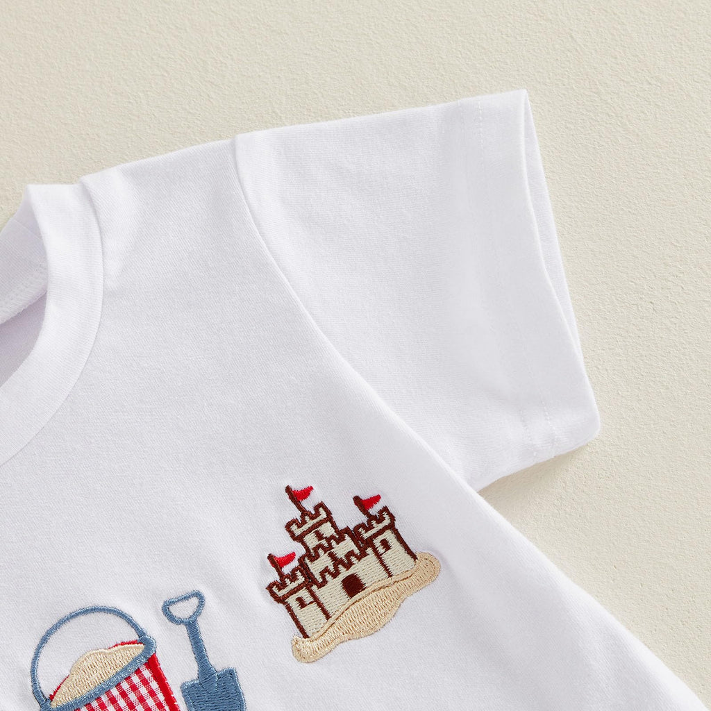 Bagilaanoe Toddler Baby Boy Short Sleeve T-Shirt+ Plaid Shorts Set Castle Embroidery Outfit Beach Clothes 2PCS Set