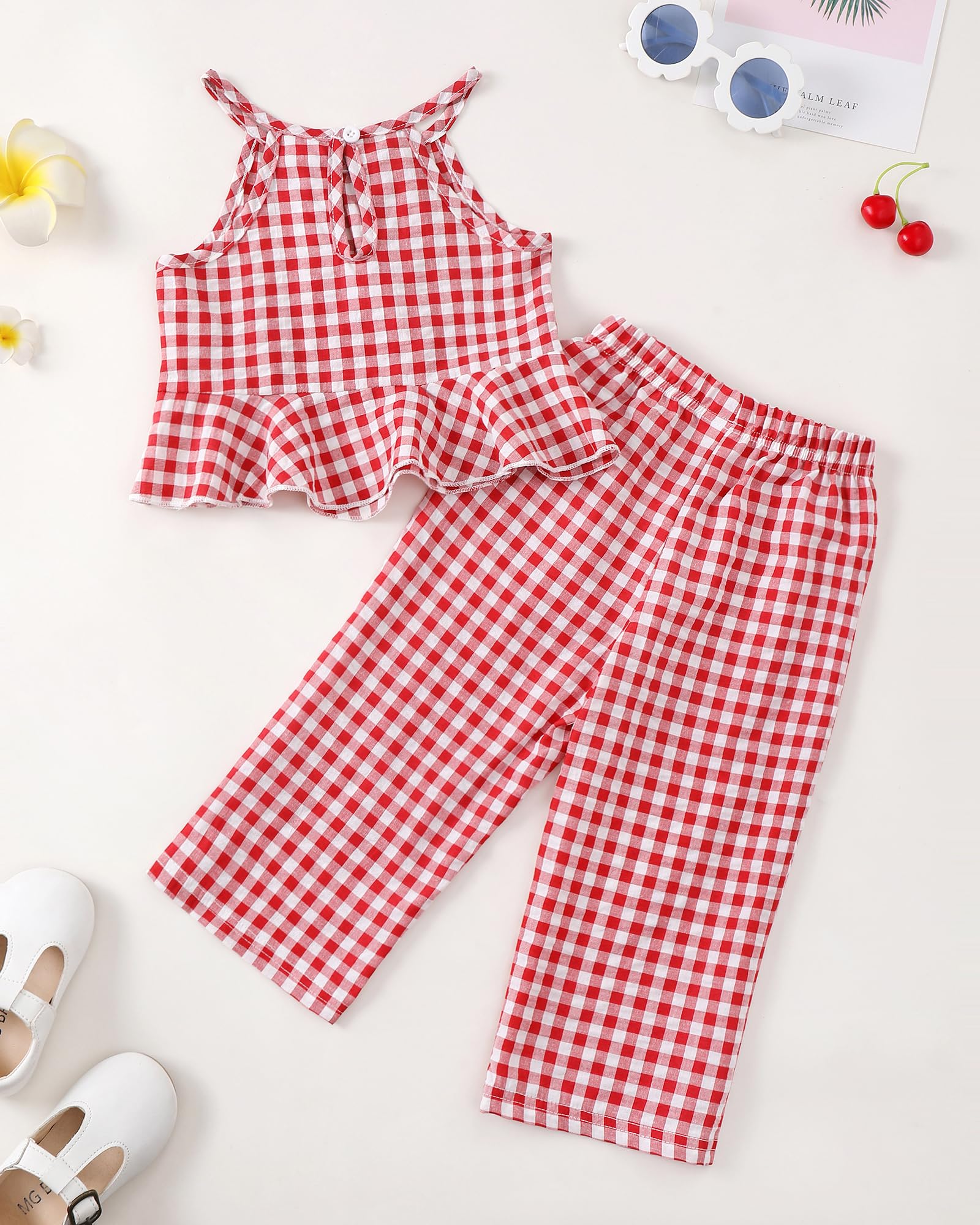 Kucnuzki Baby Girl Clothes Toddler Girl Summer Outfits Sleeveless Ruffle Halter Tops Wide Leg Pants Kids Clothing Set