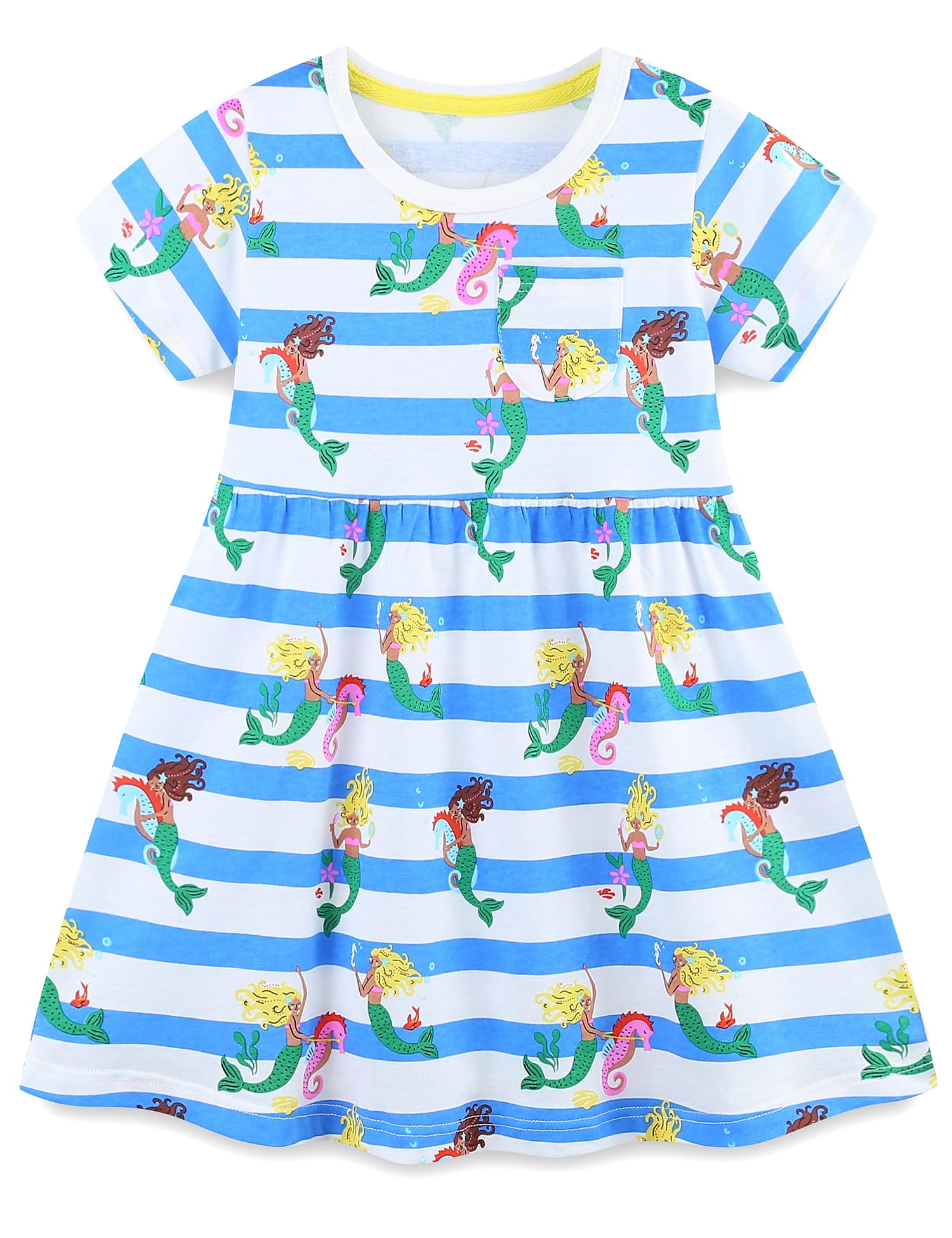 FreeLu Toddler Girls Striped Summer Dress Cartoon Appliques Dresses Girls Cotton Casual Clothing 2-7Y