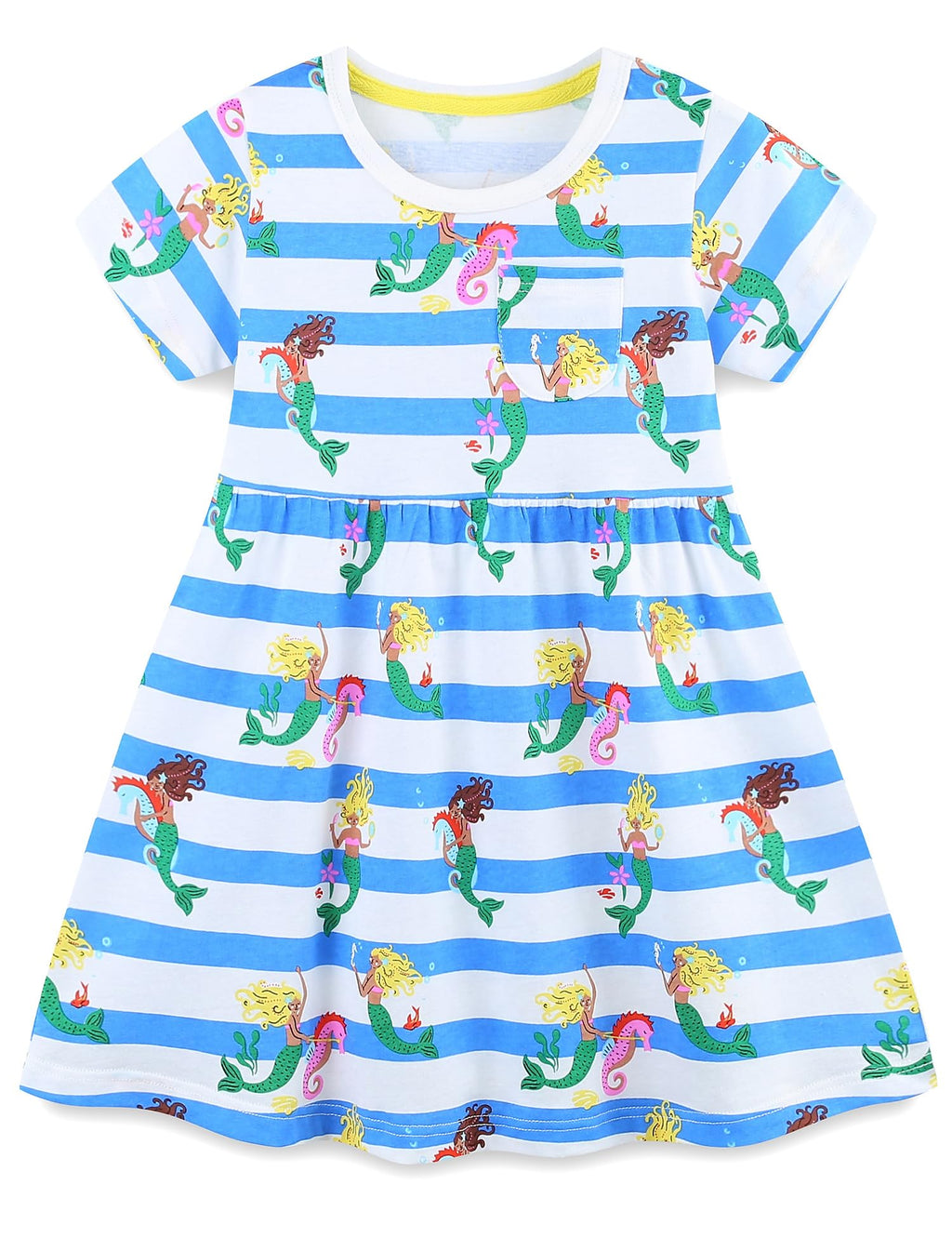 FreeLu Toddler Girls Striped Summer Dress Cartoon Appliques Dresses Girls Cotton Casual Clothing 2-7Y