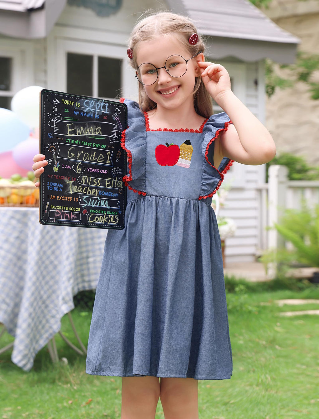 IMEKIS Toddler Kids Girls Back to School Dress Embroidered Apple Pencil Ruffle Sleeve Clothes 3-8T