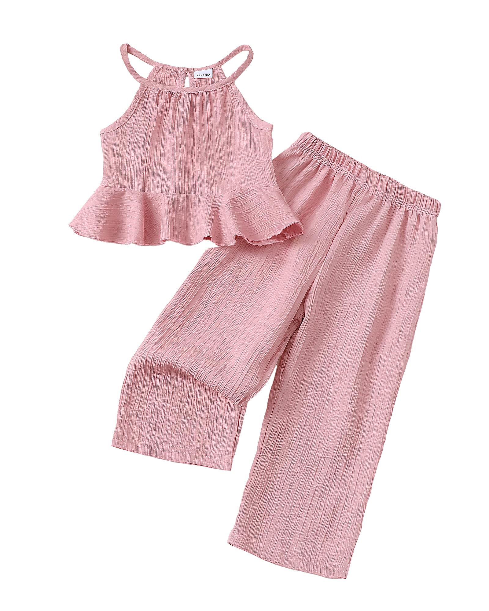 Kucnuzki Baby Girl Clothes Toddler Girl Summer Outfits Sleeveless Ruffle Halter Tops Wide Leg Pants Kids Clothing Set
