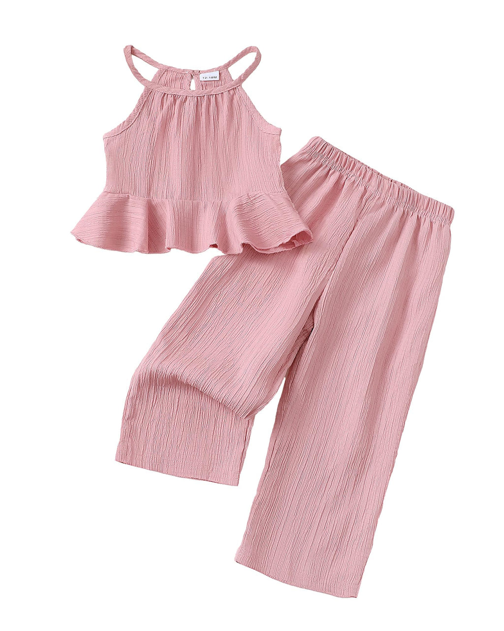 Kucnuzki Baby Girl Clothes Toddler Girl Summer Outfits Sleeveless Ruffle Halter Tops Wide Leg Pants Kids Clothing Set