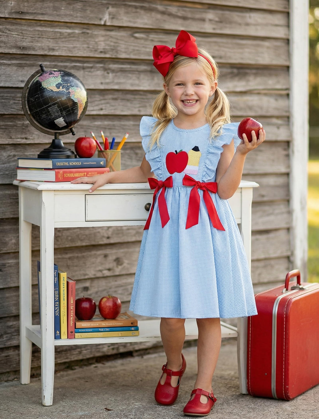 IMEKIS Toddler Kids Girls Back to School Dress, Ruffle Sleeve Embroidered Apple Pencil Kindergarten Outfit 3-8T