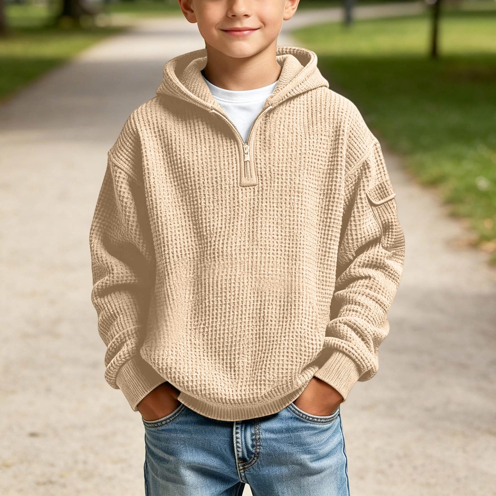 Hoodies for Boys Quarter Zip Waffle Knit Pullover Hooded Sweatshirt Tops | 3-14 Years,Kids Zip Long Sleeve Hoodie,Teen Boy Fashion Fall Winter Casual Sweatshirts,Back to School Clothes