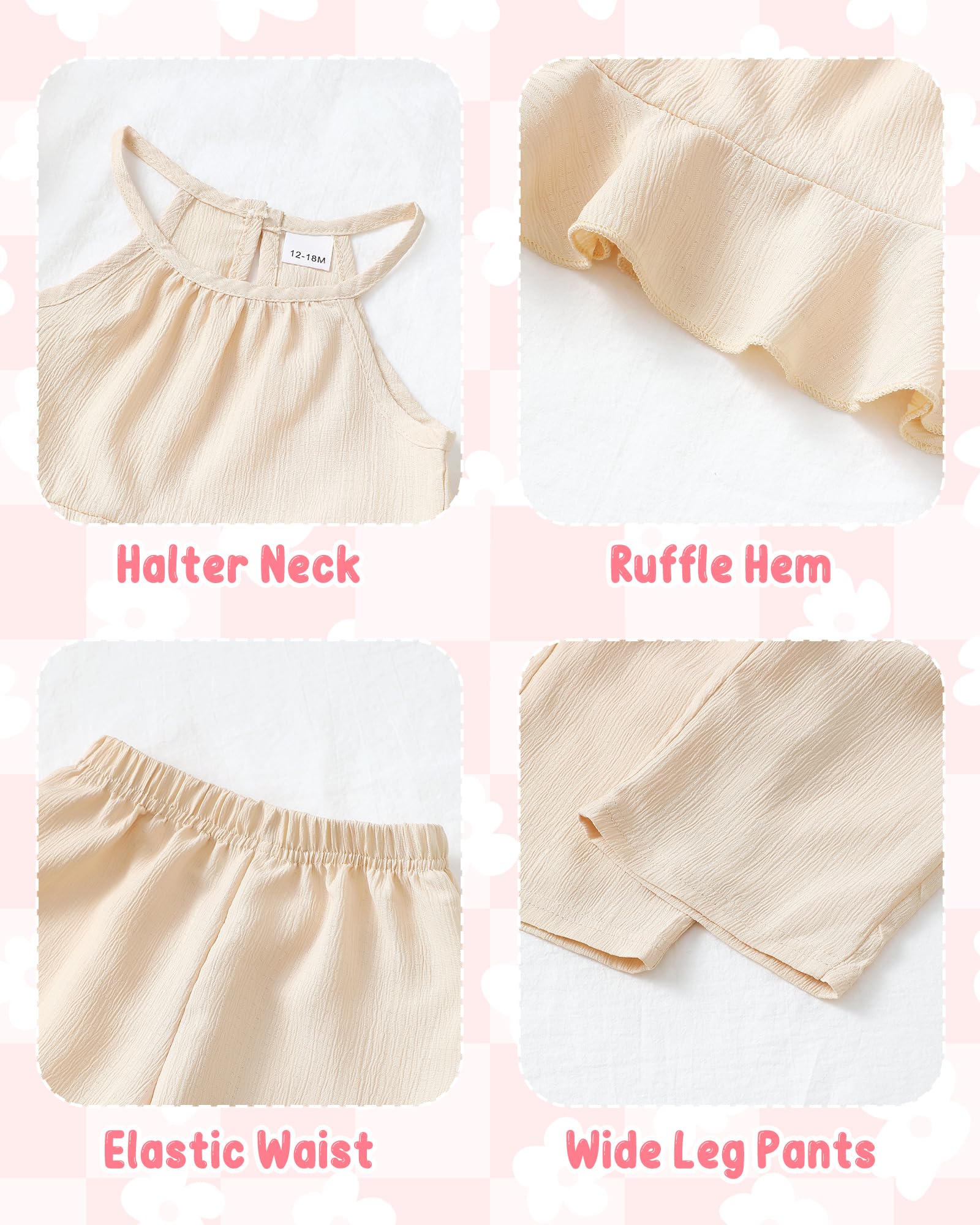 Kucnuzki Baby Girl Clothes Toddler Girl Summer Outfits Sleeveless Ruffle Halter Tops Wide Leg Pants Kids Clothing Set