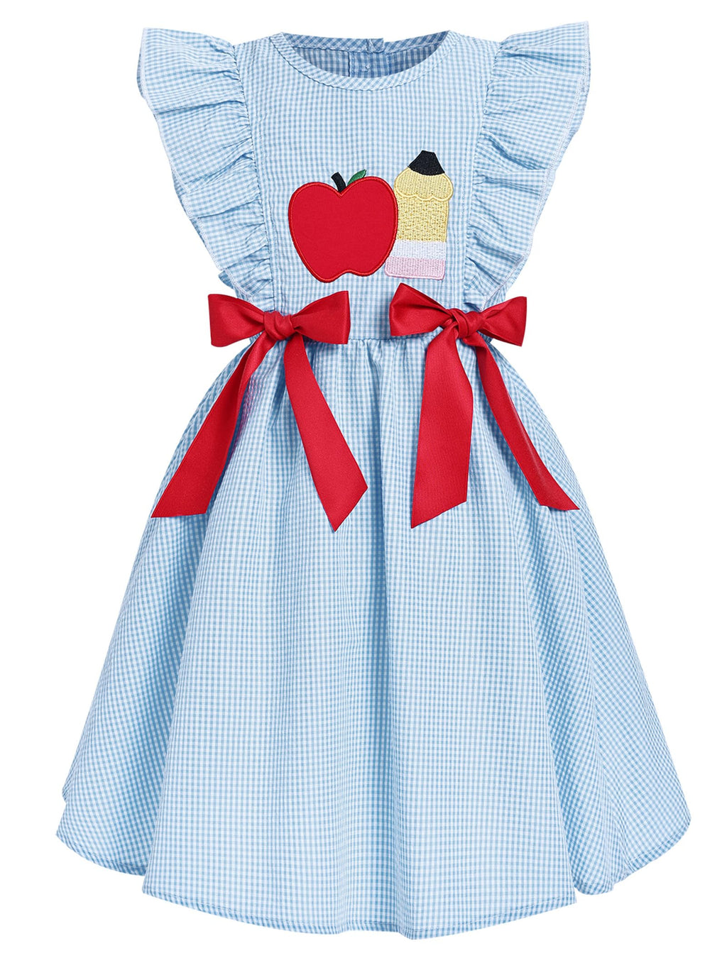 IMEKIS Toddler Kids Girls Back to School Dress, Ruffle Sleeve Embroidered Apple Pencil Kindergarten Outfit 3-8T