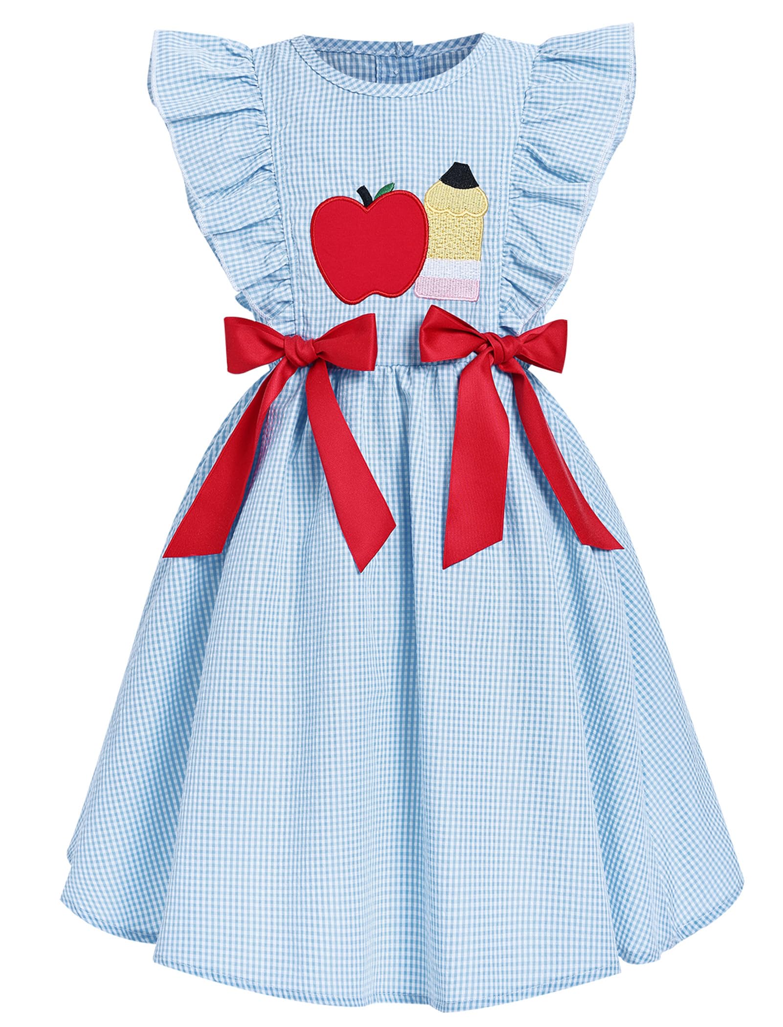 IMEKIS Toddler Kids Girls Back to School Dress, Ruffle Sleeve Embroidered Apple Pencil Kindergarten Outfit 3-8T