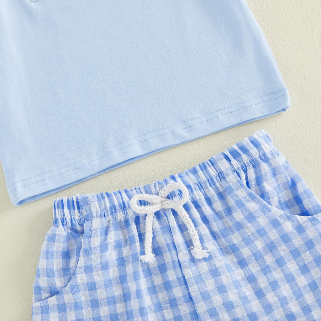 Bagilaanoe Toddler Baby Boy Short Sleeve T-Shirt+ Plaid Shorts Set Castle Embroidery Outfit Beach Clothes 2PCS Set