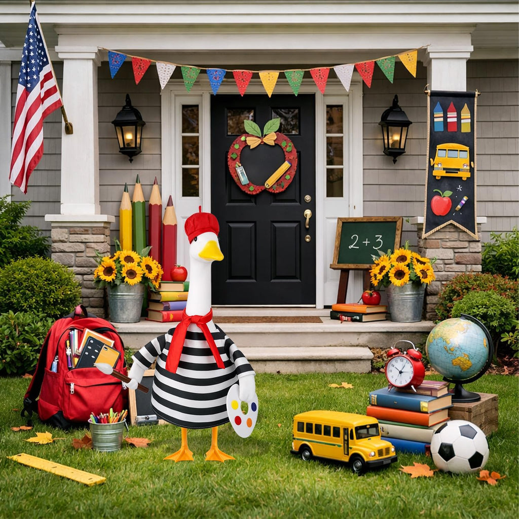 Back to School Porch Goose Outfit Artist Goose Costume for Outdoor Decor | Fits 23'' Plastic/Cement Statues, with Beret Hat Red Scarf Black White Striped Goose Clothes for Lawn Patio Yard Decor