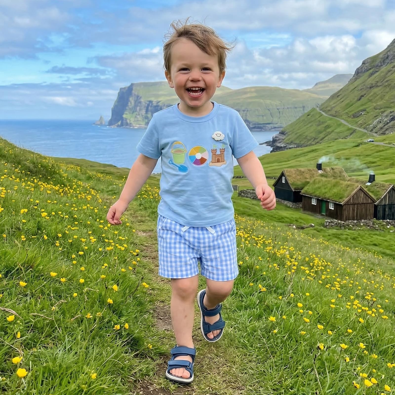 Bagilaanoe Toddler Baby Boy Short Sleeve T-Shirt+ Plaid Shorts Set Castle Embroidery Outfit Beach Clothes 2PCS Set
