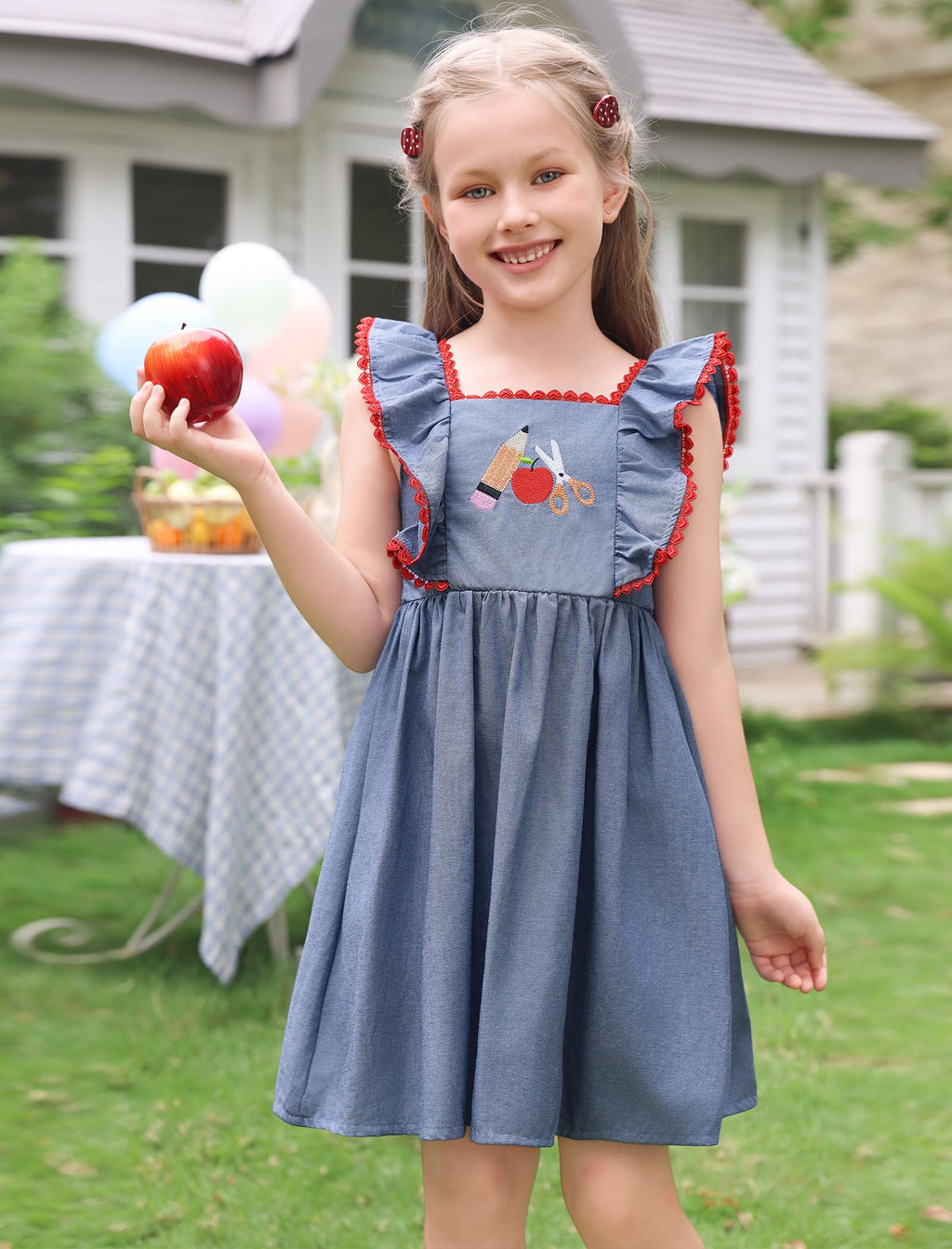 IMEKIS Toddler Kids Girls Back to School Dress Embroidered Apple Pencil Ruffle Sleeve Clothes 3-8T