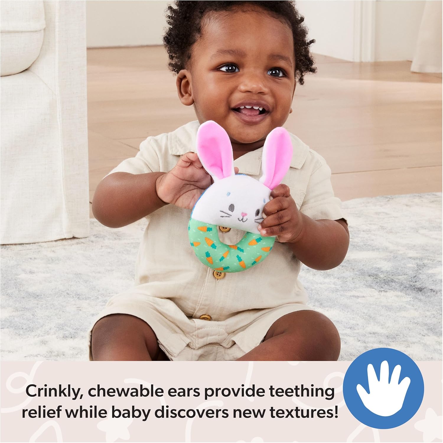 Ms. Rachel Official Hop Little Bunnies Soft Rattle, Baby Teething Toys with Plush Bunny Cover, Toddler Toys for Girls & Boys, Ages 3 Months to 1+