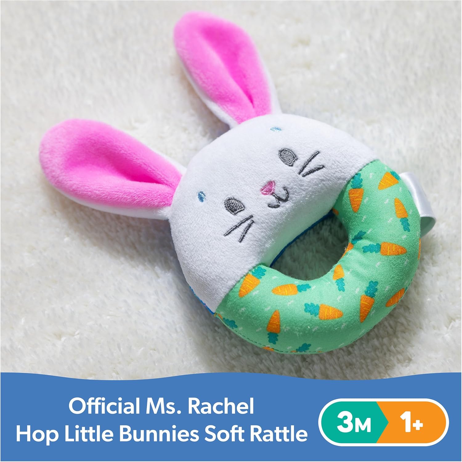 Ms. Rachel Official Hop Little Bunnies Soft Rattle, Baby Teething Toys with Plush Bunny Cover, Toddler Toys for Girls & Boys, Ages 3 Months to 1+