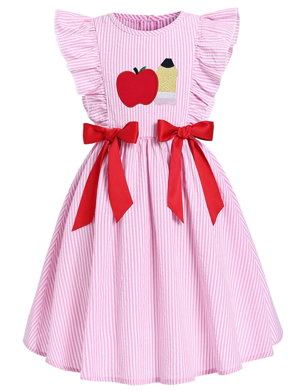 IMEKIS Toddler Kids Girls Back to School Dress, Ruffle Sleeve Embroidered Apple Pencil Kindergarten Outfit 3-8T