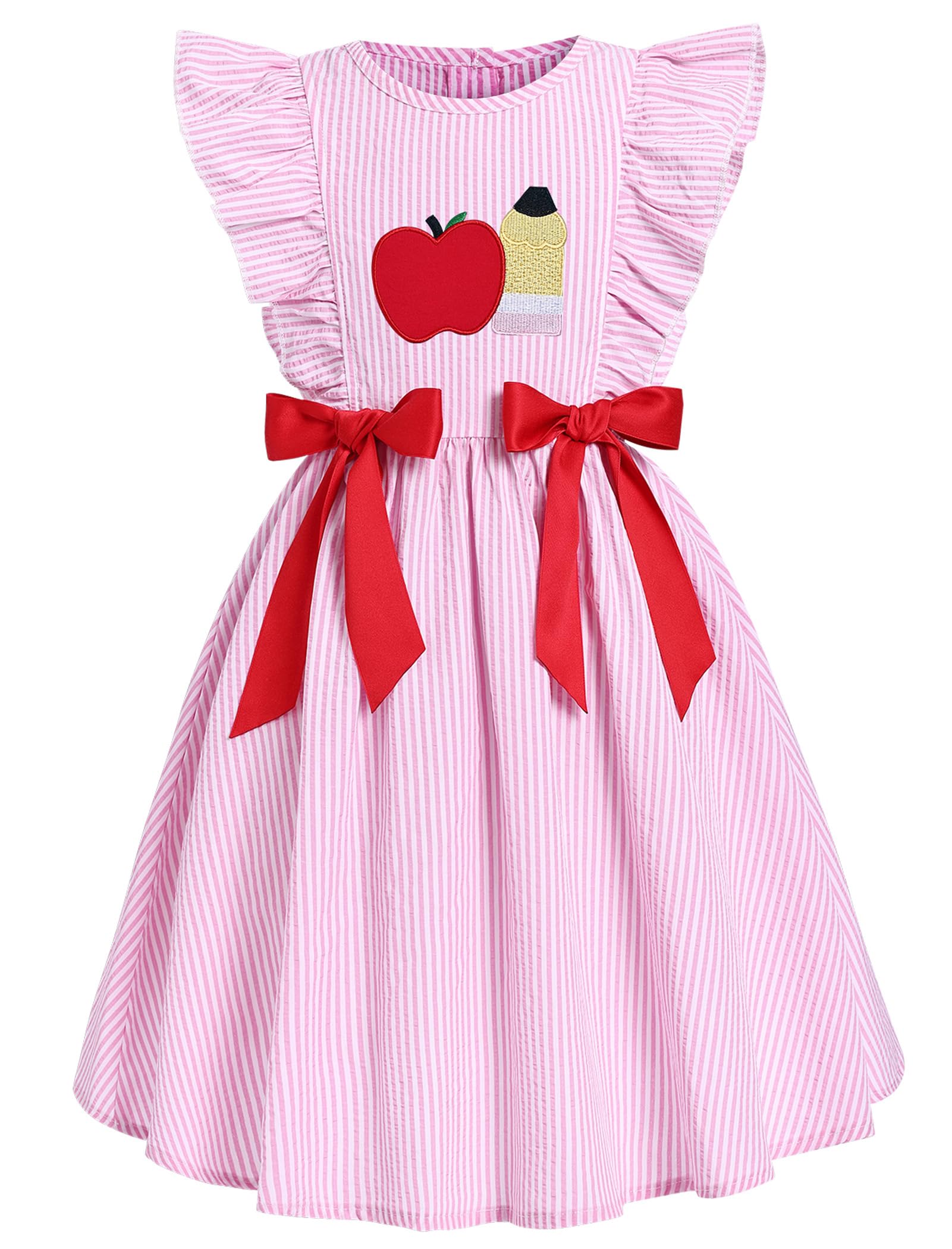 IMEKIS Toddler Kids Girls Back to School Dress, Ruffle Sleeve Embroidered Apple Pencil Kindergarten Outfit 3-8T
