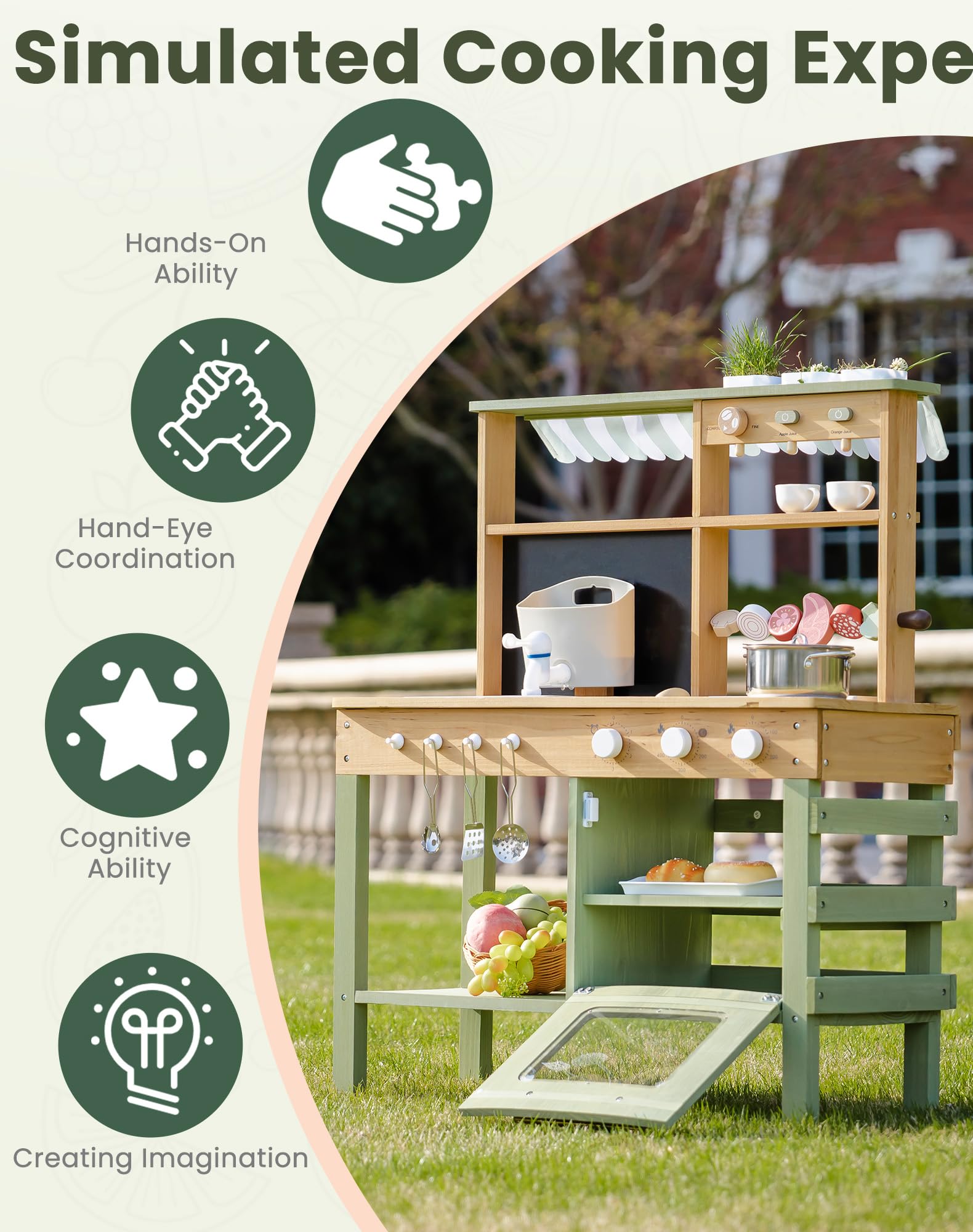 ROBUD Mud Kitchen for Kids Outdoor, BBQ Grill Solid Wood Outdoor Play Kitchen, Green Kids Mud Kitchen with Working Water Tap, Blackboard, Garden Sink, Monteeori Toys for Children Ages 3+, WH003-2