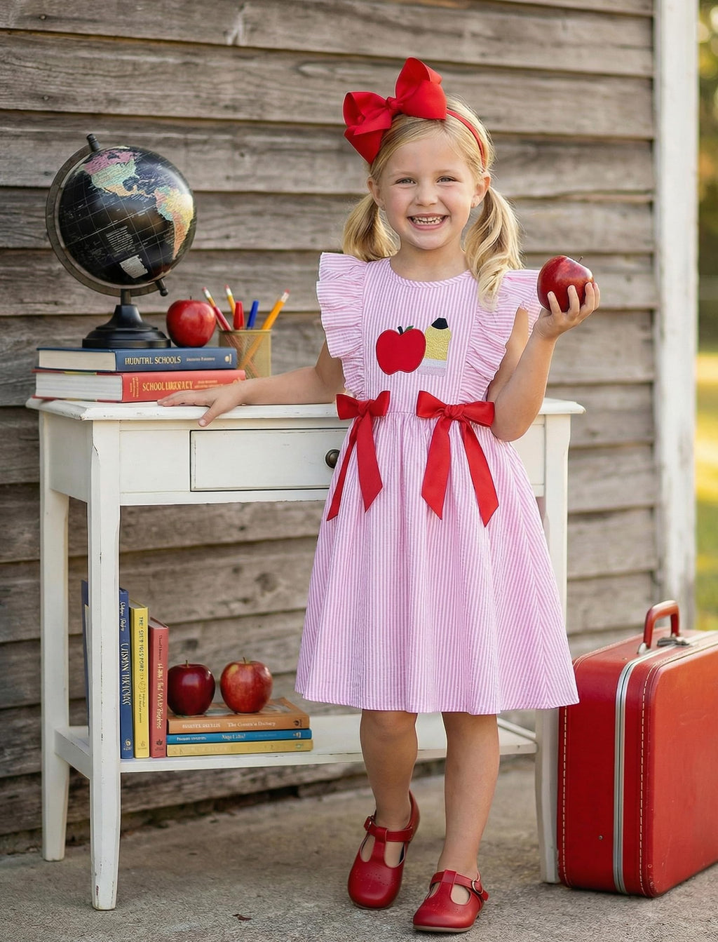 IMEKIS Toddler Kids Girls Back to School Dress, Ruffle Sleeve Embroidered Apple Pencil Kindergarten Outfit 3-8T