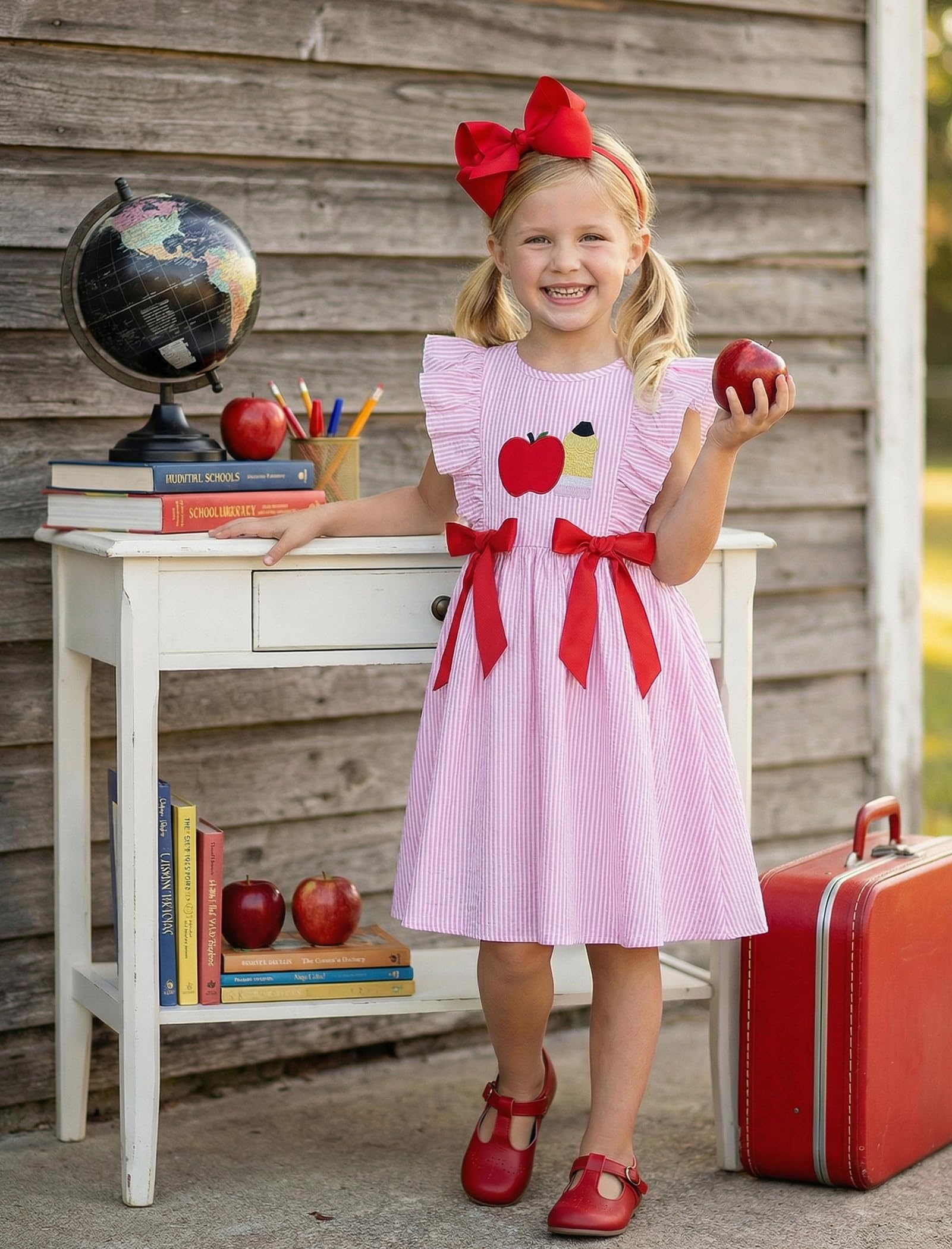 IMEKIS Toddler Kids Girls Back to School Dress, Ruffle Sleeve Embroidered Apple Pencil Kindergarten Outfit 3-8T