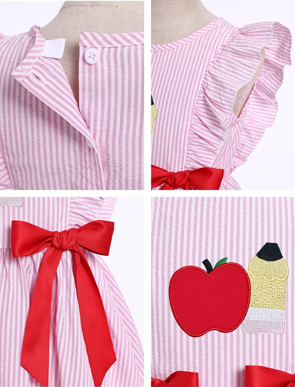 IMEKIS Toddler Kids Girls Back to School Dress, Ruffle Sleeve Embroidered Apple Pencil Kindergarten Outfit 3-8T