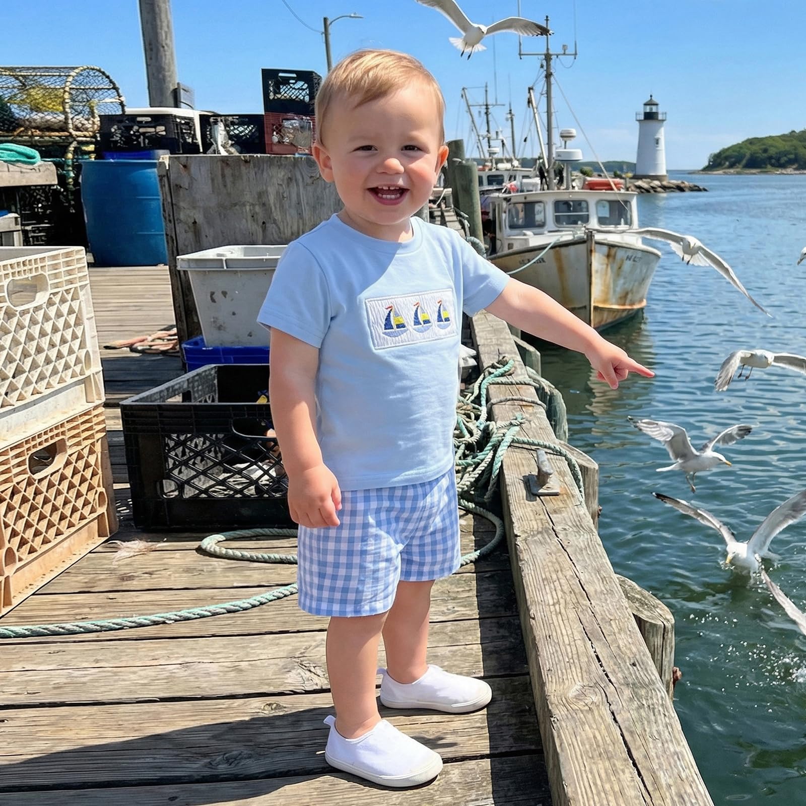Bagilaanoe Toddler Baby Boy Short Sleeve T-Shirt+ Plaid Shorts Set Castle Embroidery Outfit Beach Clothes 2PCS Set