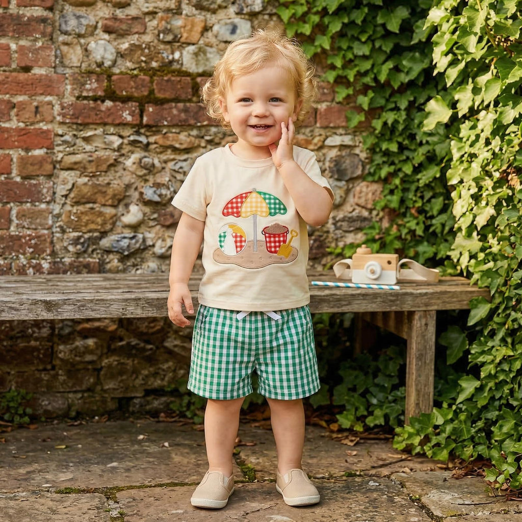 Bagilaanoe Toddler Baby Boy Short Sleeve T-Shirt+ Plaid Shorts Set Castle Embroidery Outfit Beach Clothes 2PCS Set