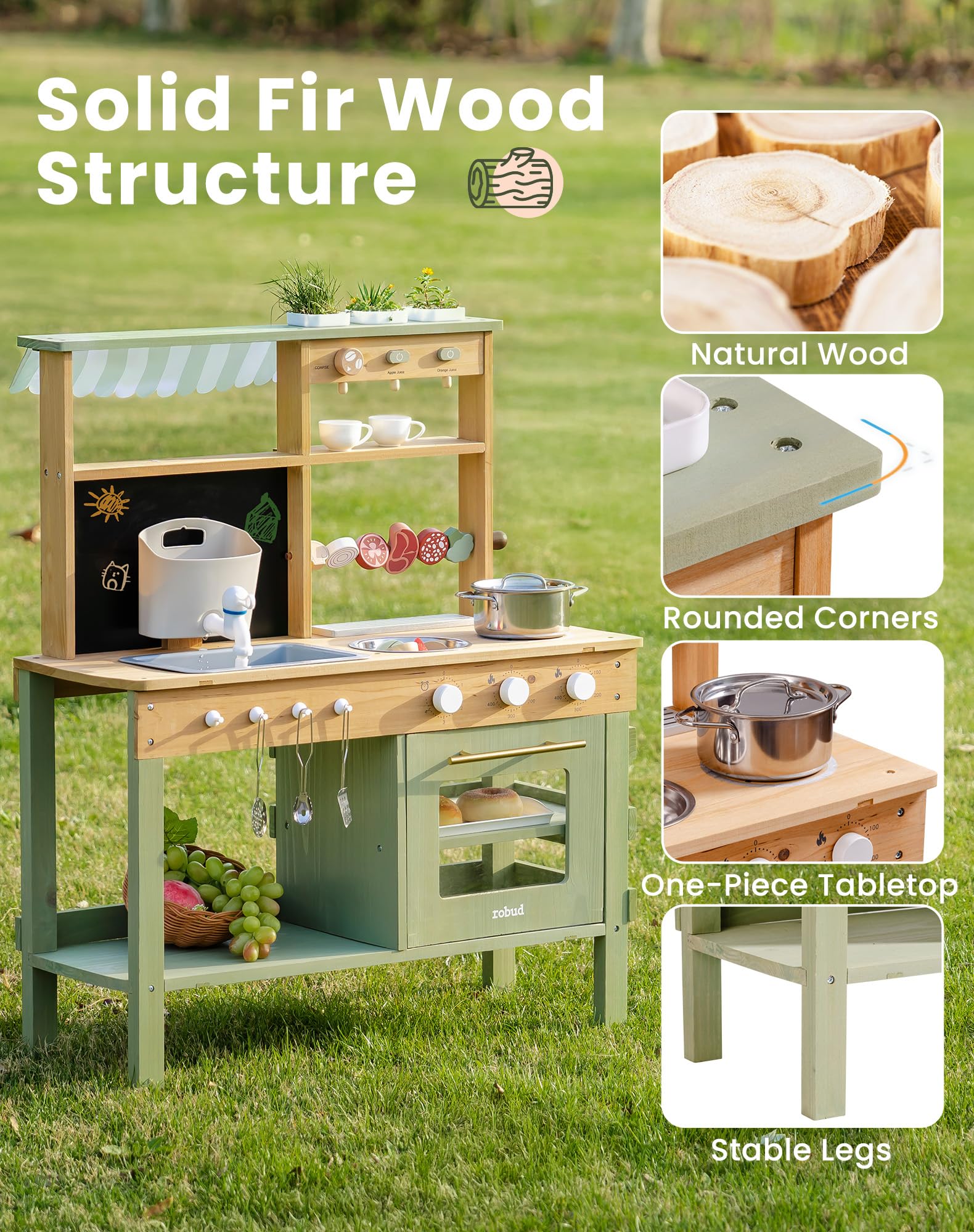 ROBUD Mud Kitchen for Kids Outdoor, BBQ Grill Solid Wood Outdoor Play Kitchen, Green Kids Mud Kitchen with Working Water Tap, Blackboard, Garden Sink, Monteeori Toys for Children Ages 3+, WH003-2
