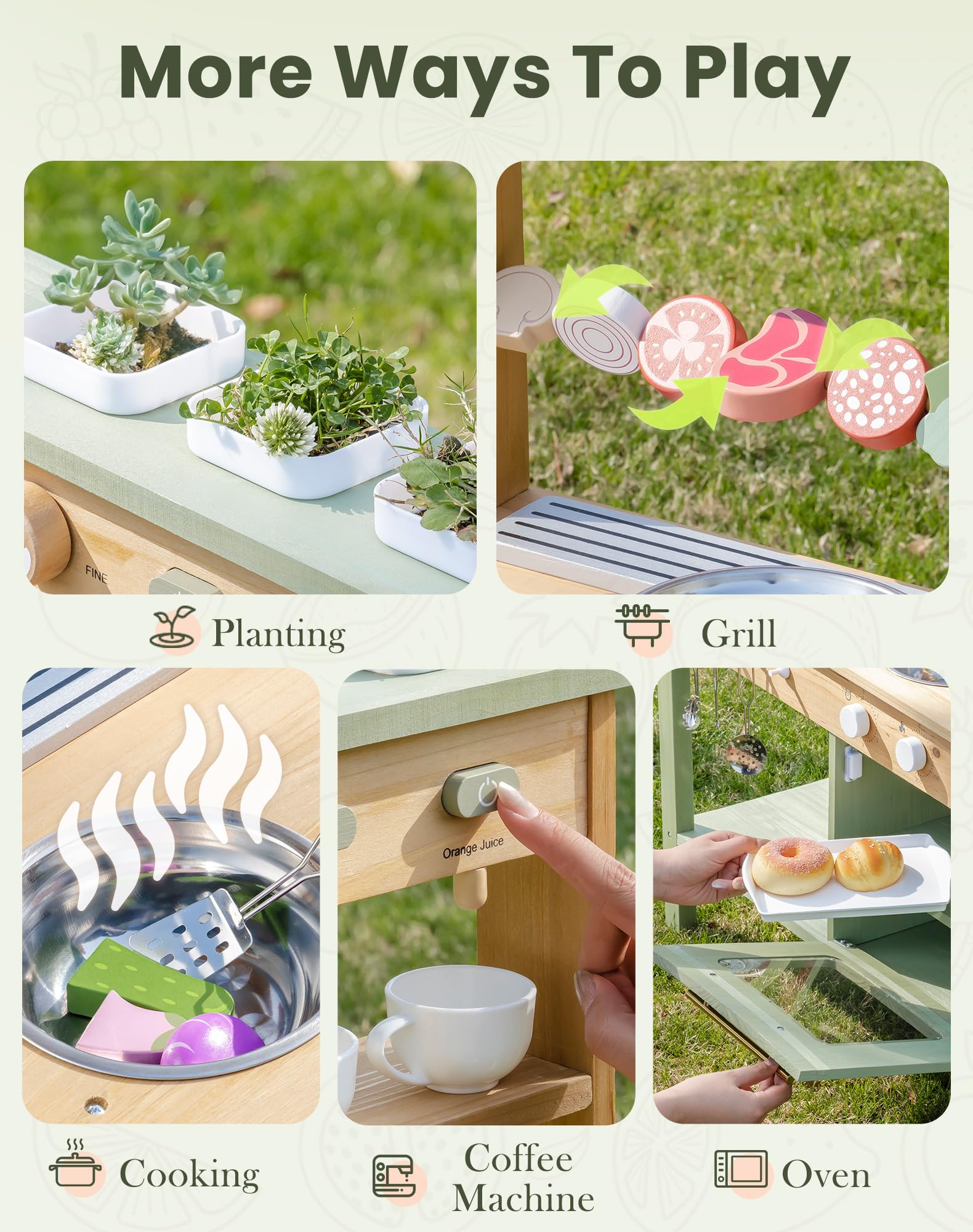 ROBUD Mud Kitchen for Kids Outdoor, BBQ Grill Solid Wood Outdoor Play Kitchen, Green Kids Mud Kitchen with Working Water Tap, Blackboard, Garden Sink, Monteeori Toys for Children Ages 3+, WH003-2