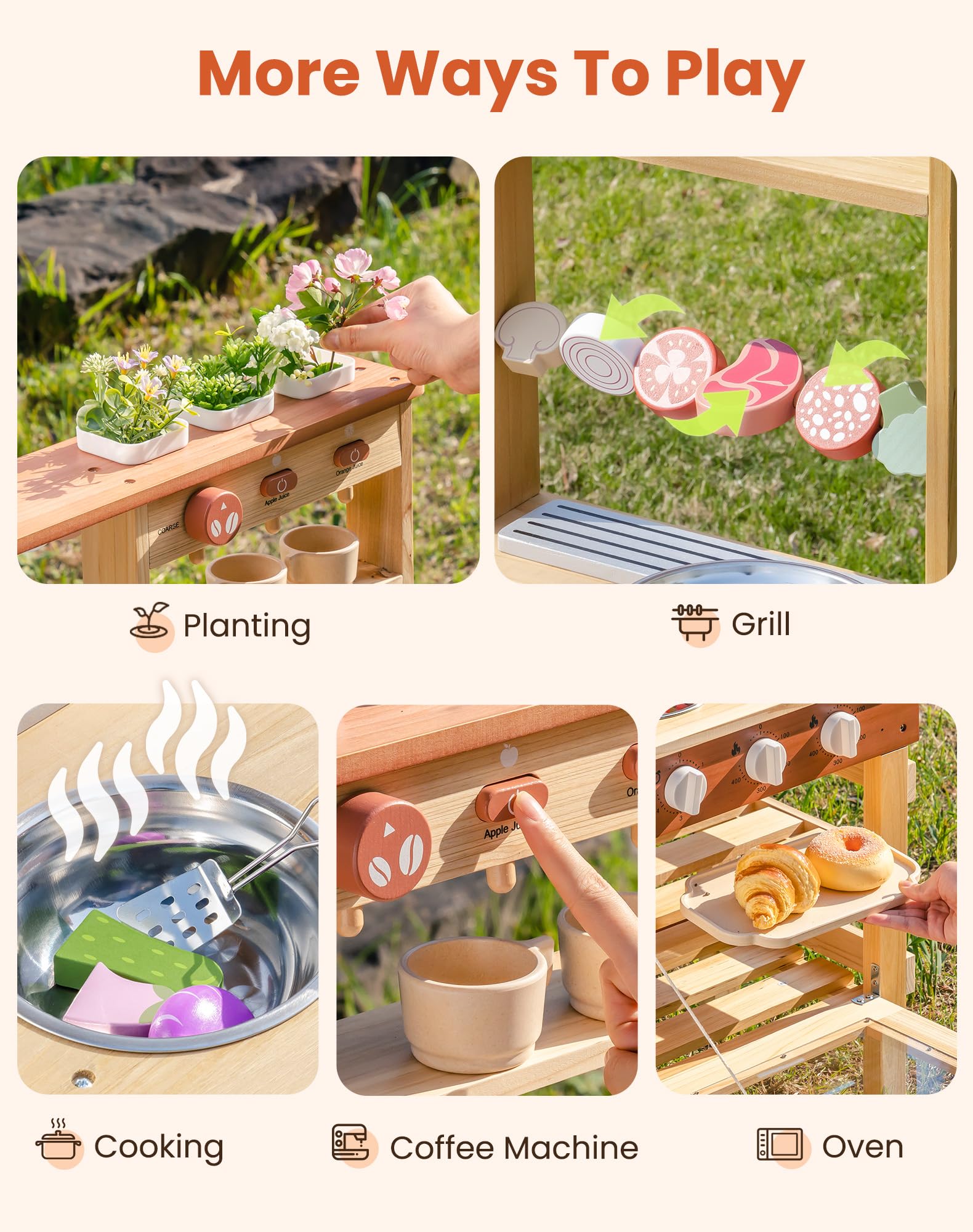ROBUD Mud Kitchen for Kids Outdoor, BBQ Grill Solid Wood Outdoor Play Kitchen, Green Kids Mud Kitchen with Working Water Tap, Blackboard, Garden Sink, Monteeori Toys for Children Ages 3+, WH003-2