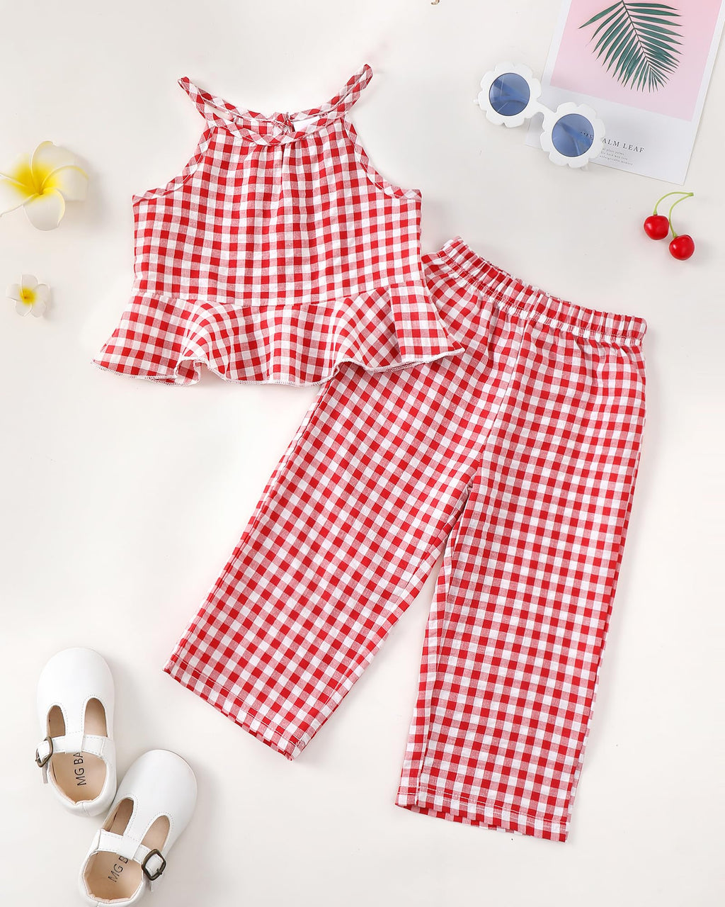 Kucnuzki Baby Girl Clothes Toddler Girl Summer Outfits Sleeveless Ruffle Halter Tops Wide Leg Pants Kids Clothing Set