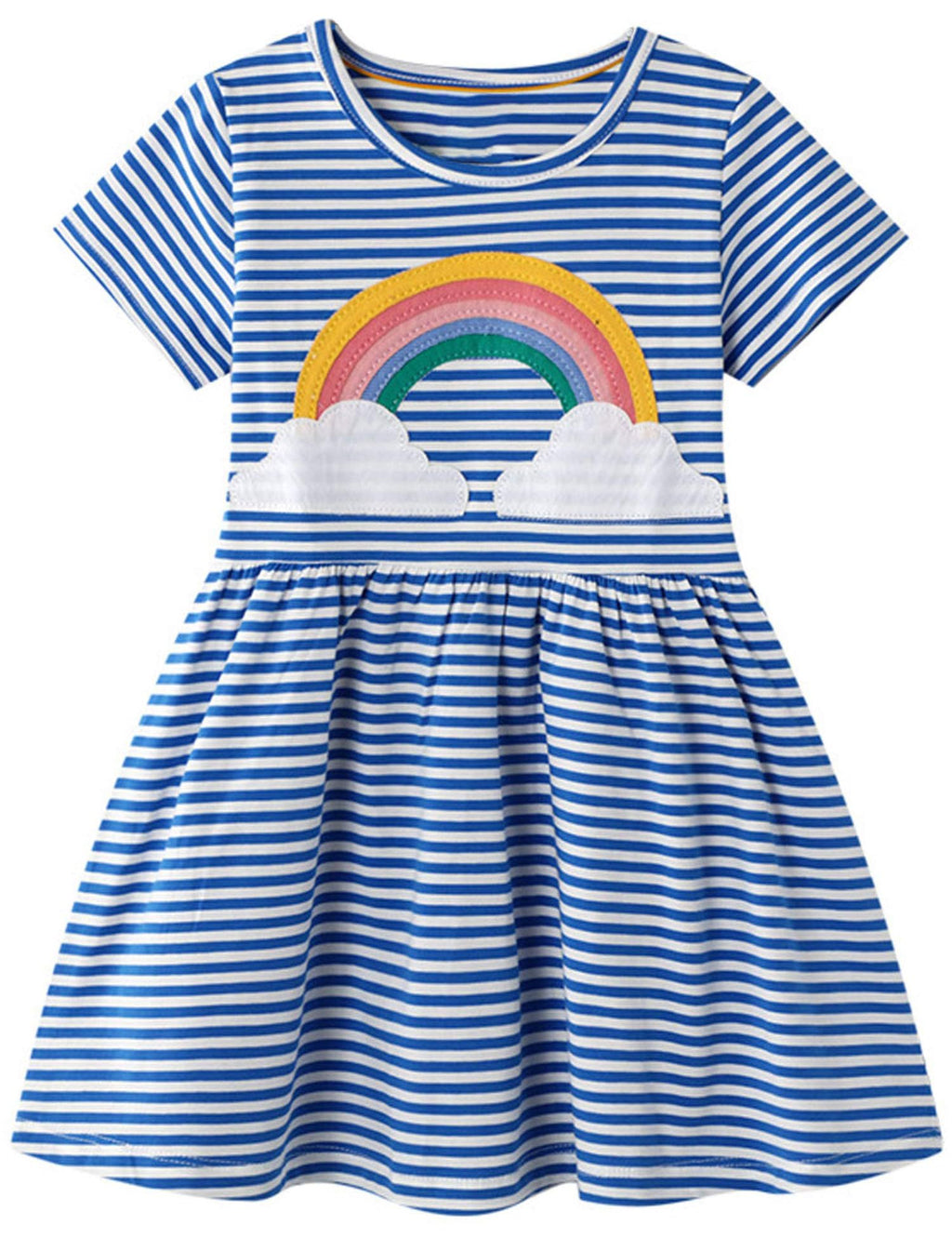 FreeLu Toddler Girls Striped Summer Dress Cartoon Appliques Dresses Girls Cotton Casual Clothing 2-7Y