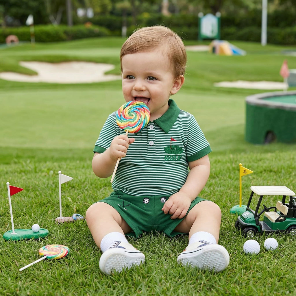 Chloefairy Toddler Baby Boy Golf Outfit Short Sleeve Golf Cart Polo T Shirts Top Shorts Set 2Pcs Golf Theme Summer Clothes