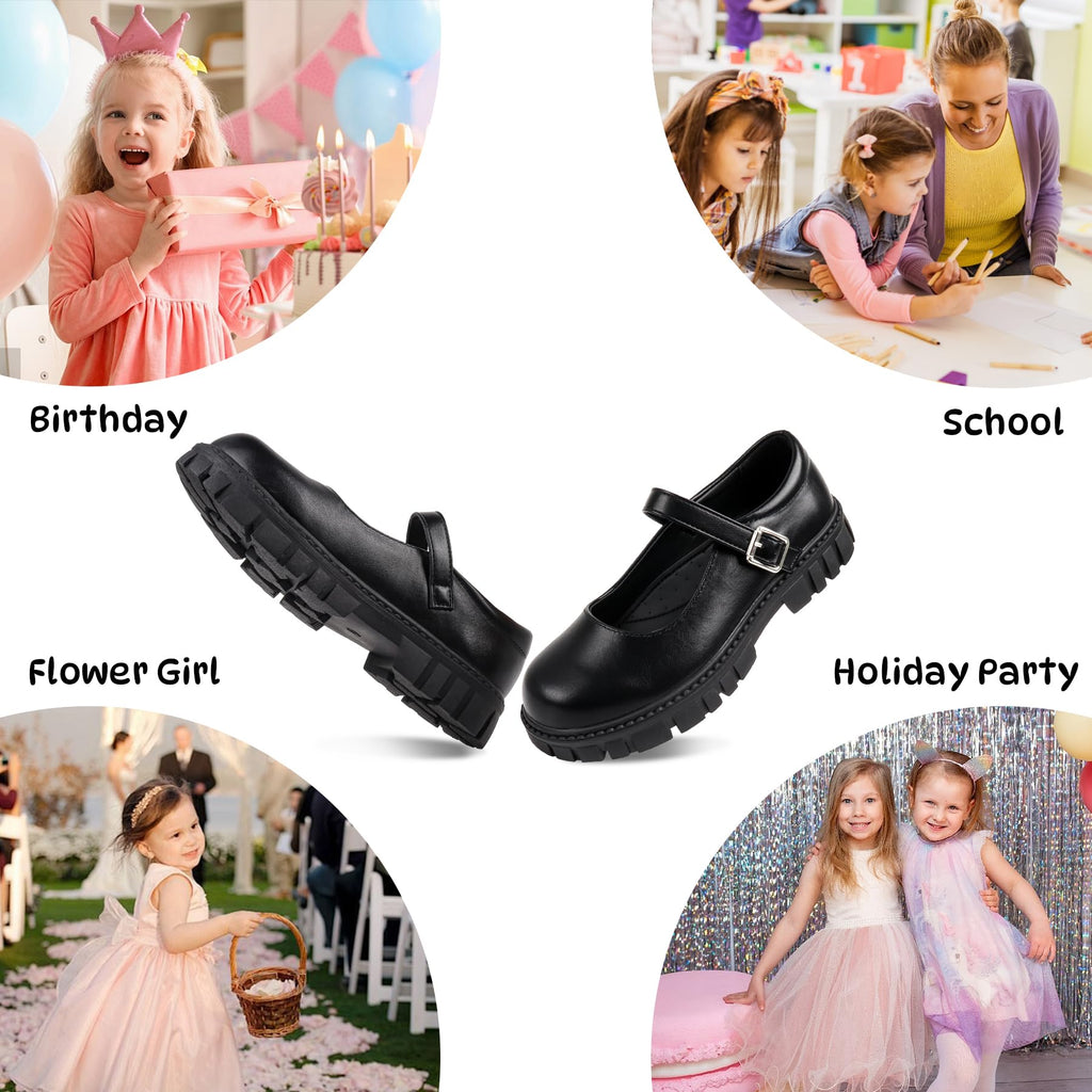 Wulubaba School Shoes for Girls, Black Mary Jane Flats | School Uniform, Non-Slip Sole, Round Toe, Toddler And Little Girl, Daily Dress Wear