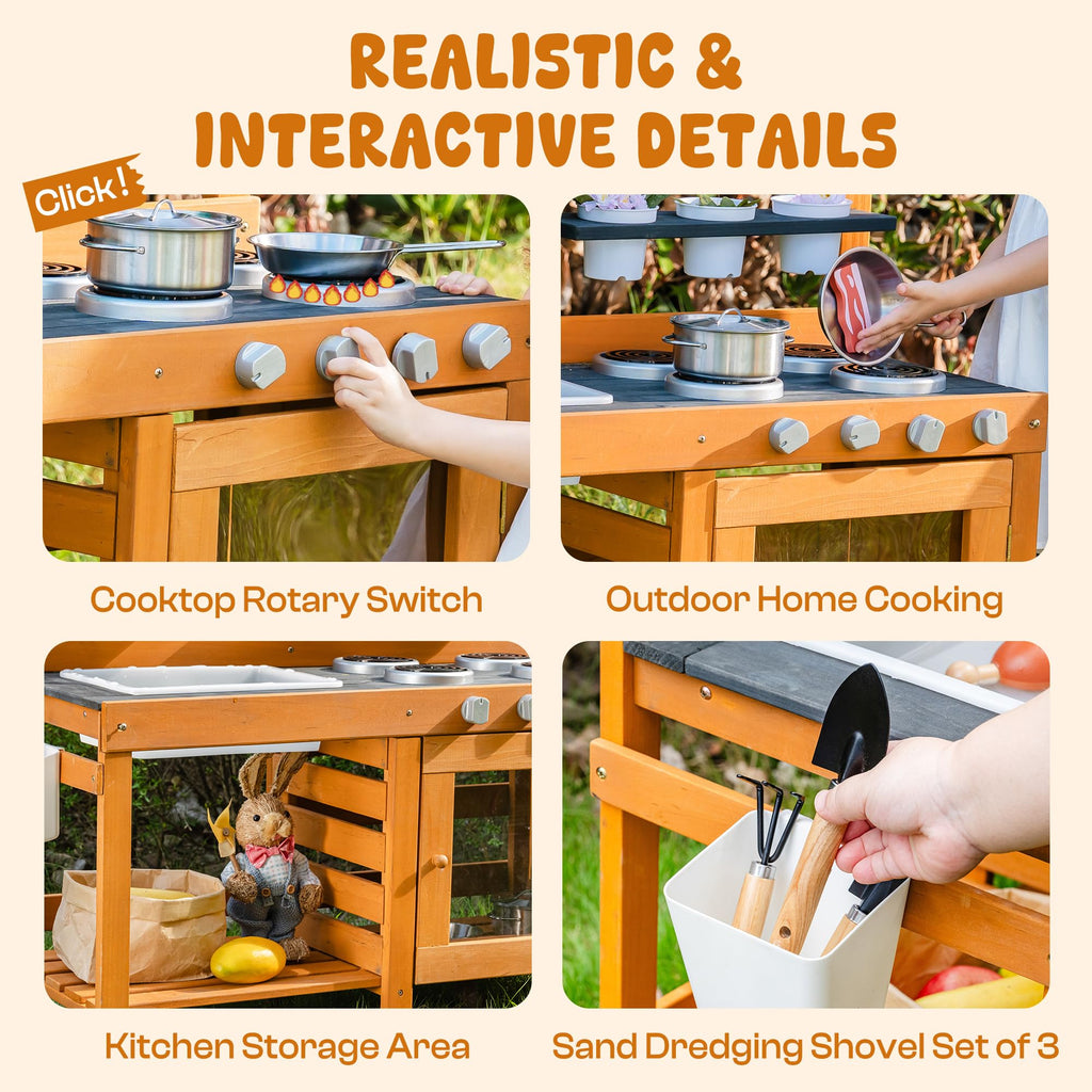 ROBUD Mud Kitchen for Kids Outdoor, BBQ Grill Solid Wood Outdoor Play Kitchen, Green Kids Mud Kitchen with Working Water Tap, Blackboard, Garden Sink, Monteeori Toys for Children Ages 3+, WH003-2