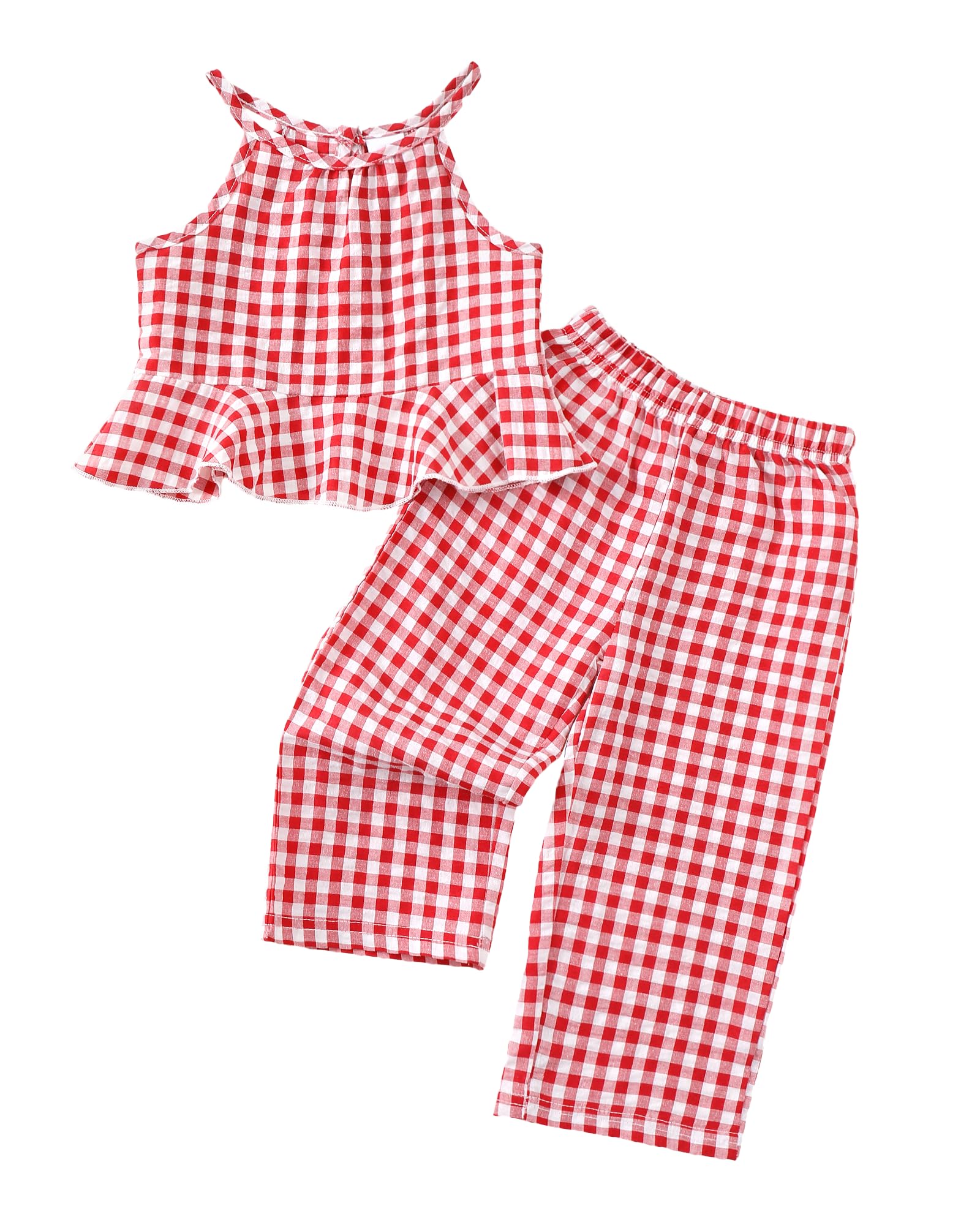 Kucnuzki Baby Girl Clothes Toddler Girl Summer Outfits Sleeveless Ruffle Halter Tops Wide Leg Pants Kids Clothing Set