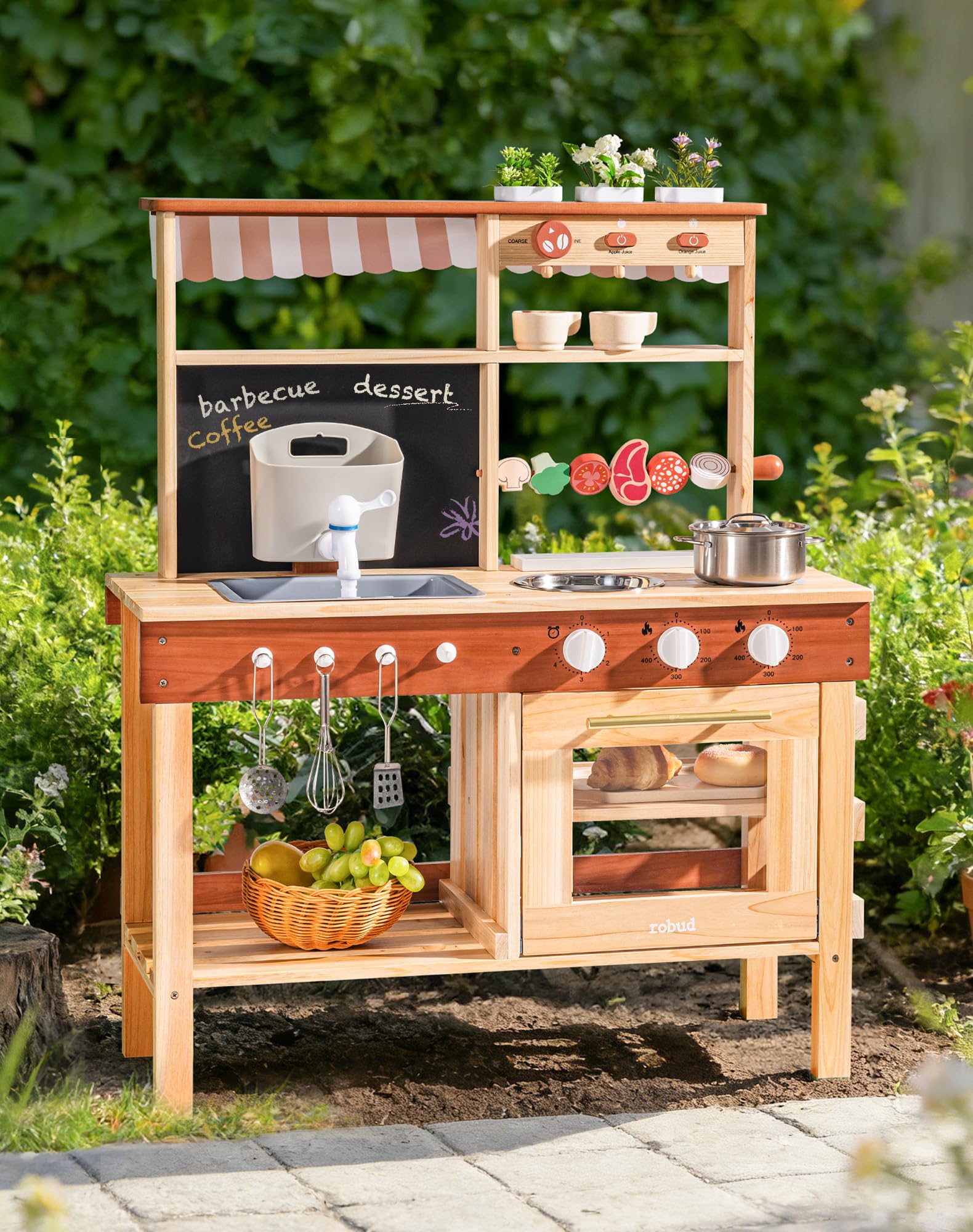 ROBUD Mud Kitchen for Kids Outdoor, BBQ Grill Solid Wood Outdoor Play Kitchen, Green Kids Mud Kitchen with Working Water Tap, Blackboard, Garden Sink, Monteeori Toys for Children Ages 3+, WH003-2