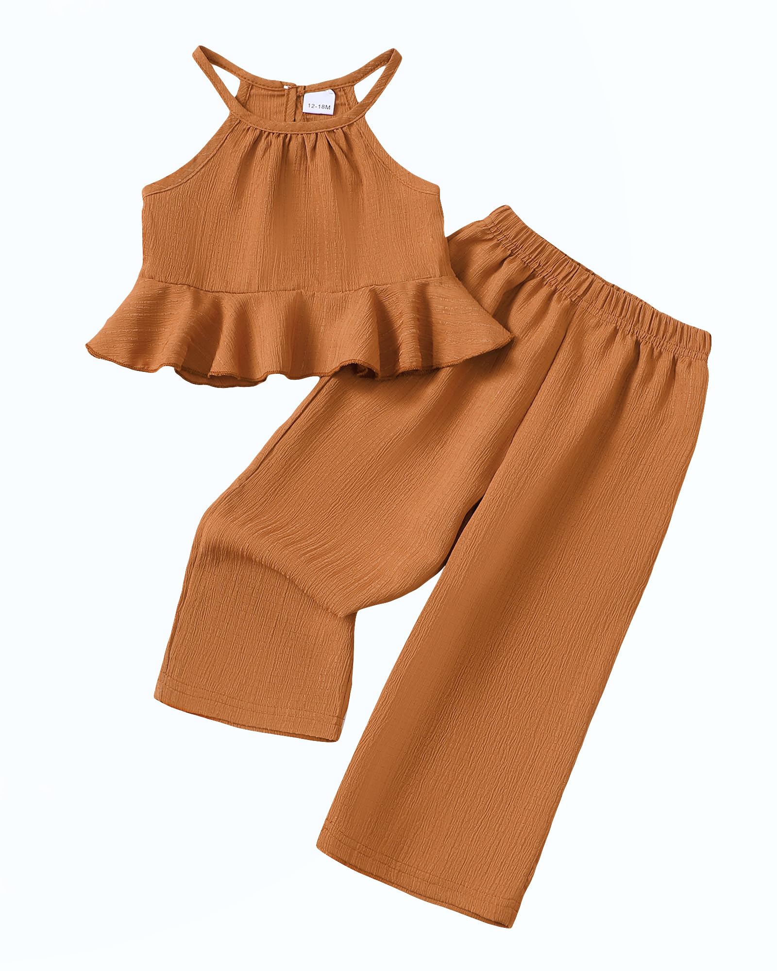 Kucnuzki Baby Girl Clothes Toddler Girl Summer Outfits Sleeveless Ruffle Halter Tops Wide Leg Pants Kids Clothing Set
