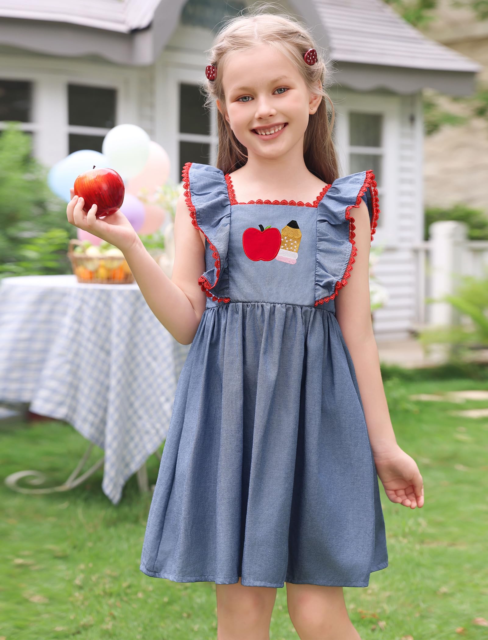 IMEKIS Toddler Kids Girls Back to School Dress Embroidered Apple Pencil Ruffle Sleeve Clothes 3-8T