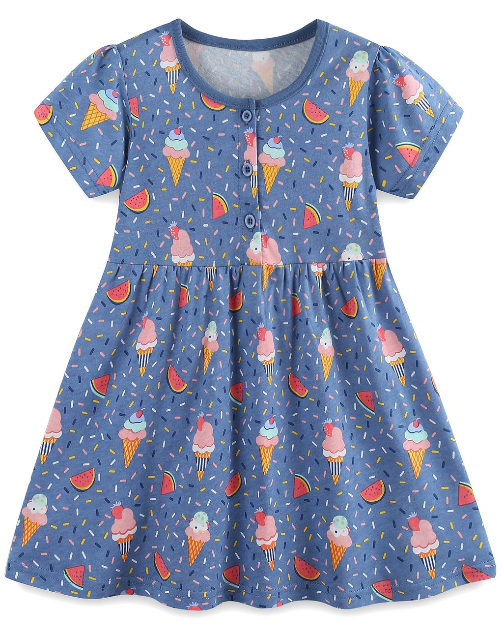 FreeLu Toddler Girls Striped Summer Dress Cartoon Appliques Dresses Girls Cotton Casual Clothing 2-7Y