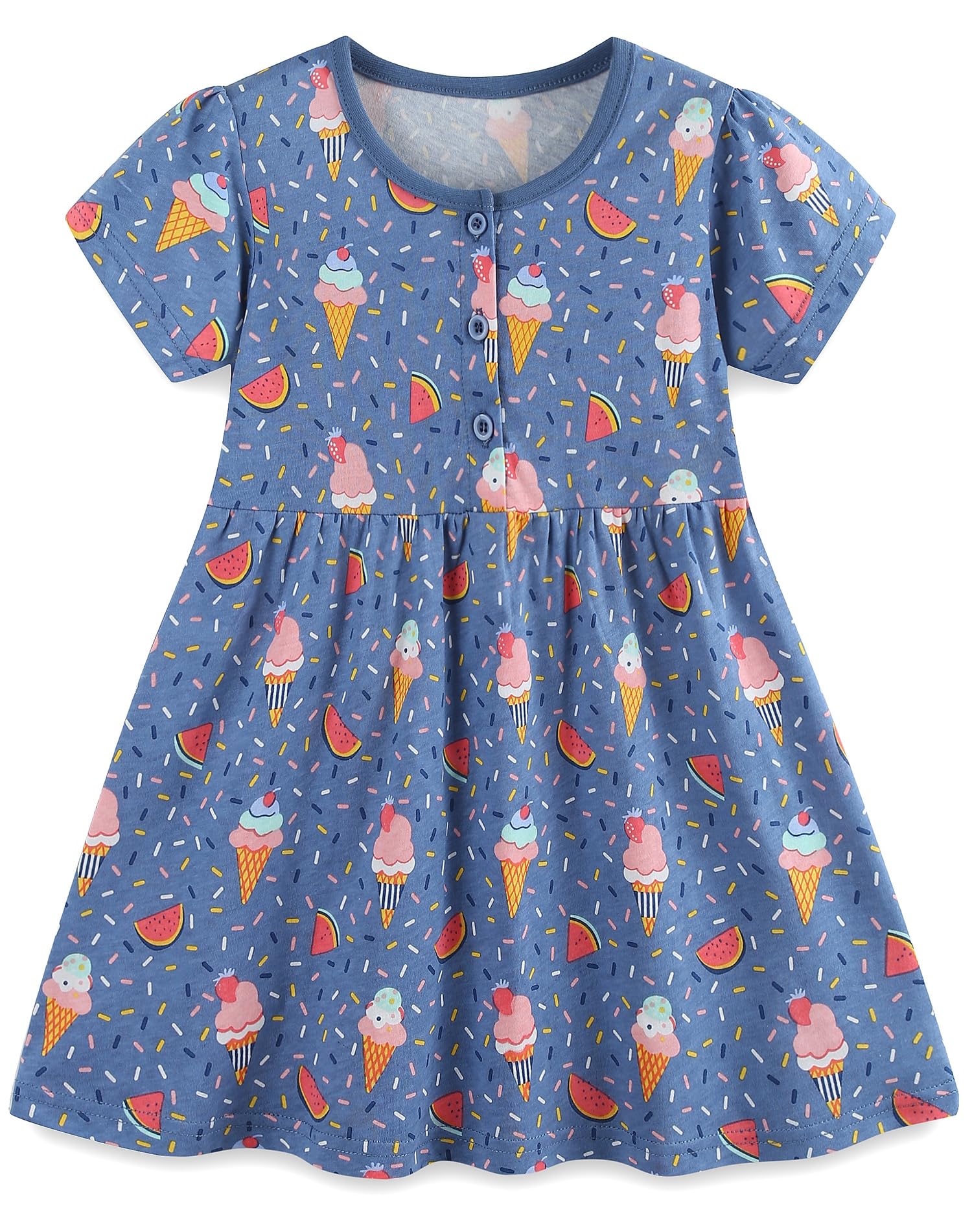 FreeLu Toddler Girls Striped Summer Dress Cartoon Appliques Dresses Girls Cotton Casual Clothing 2-7Y