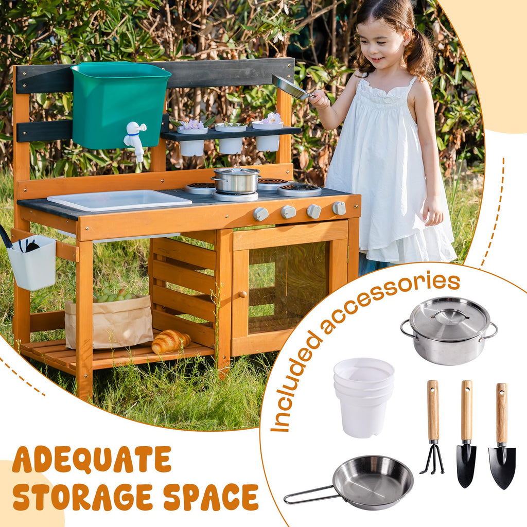 ROBUD Mud Kitchen for Kids Outdoor, BBQ Grill Solid Wood Outdoor Play Kitchen, Green Kids Mud Kitchen with Working Water Tap, Blackboard, Garden Sink, Monteeori Toys for Children Ages 3+, WH003-2